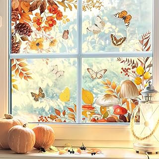 Tanlaby Autumn Window Clings Fall Leaves Flowers Butterfly Mushroom Window Decals Double-Sided Static Anti-Collision Window Sticker for Home Store Window Glass Door Decoration