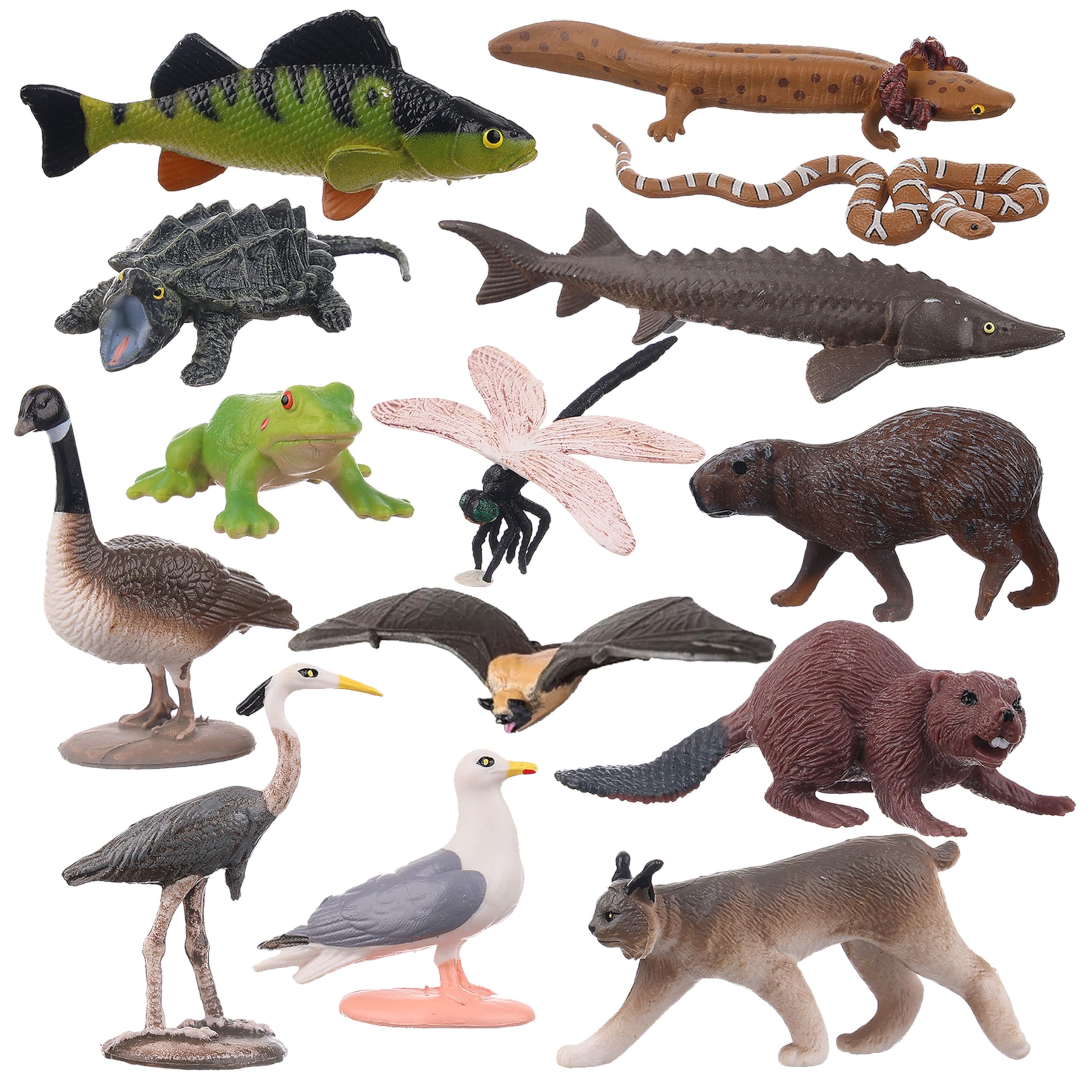 AENIMELY 14PCS Lake Animal Figurines, Realistic Canadian Wildlife Toys for Kids