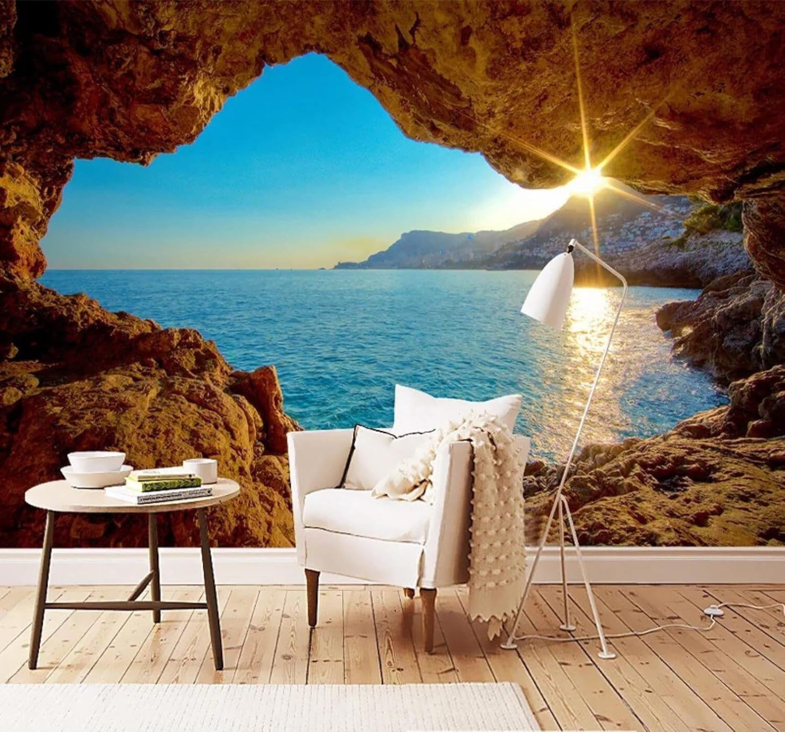 Xlming 250Cm×170Cm(B×H) Sunlight Seascape Rock Cave Sense Of Space Natural Landscape 3D Wallpaper Luxury Silk Study Dining Feature Sofa Grey Bedroom Living Room Tv Decorative Wall-250Cm×170Cm