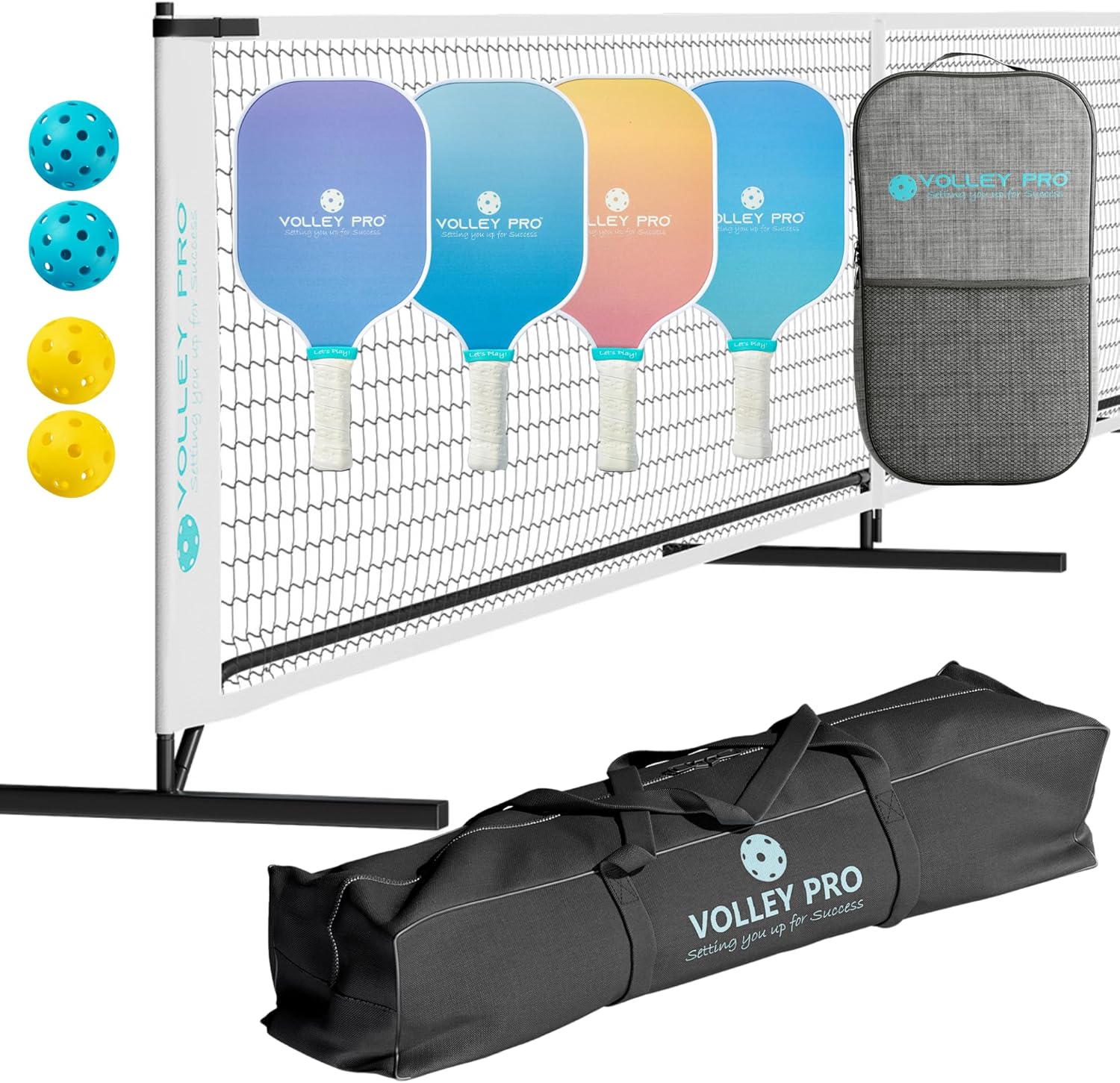 VolleyPro Portable Pickleball Set with Net 4 USAPA Approved Paddles