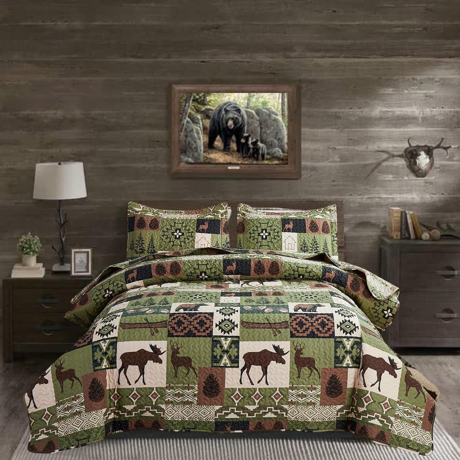 Quilts Set King Size Rustic Quilt Bedspread Coverlet King Quilt Bedding Country Lodge Patchwork Quilt Home Lightweight Reversible Bedspread Rustic Bear Bedding Cabin Moose Forest Animal Coverlet Olive