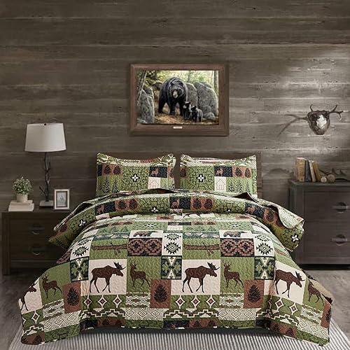 Juego de ropa de cama rústica de tamaño King, colcha de alce y oso de campo, diseño de animales del bosque, reversible, juego de cama rústico,