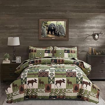 Quilts Set King Size Rustic Quilt Bedspread Coverlet King Quilt Bedding Country Lodge Patchwork Quilt Home Lightweight Reversible Bedspread Rustic Bear Bedding Cabin Moose Forest Animal Coverlet Olive