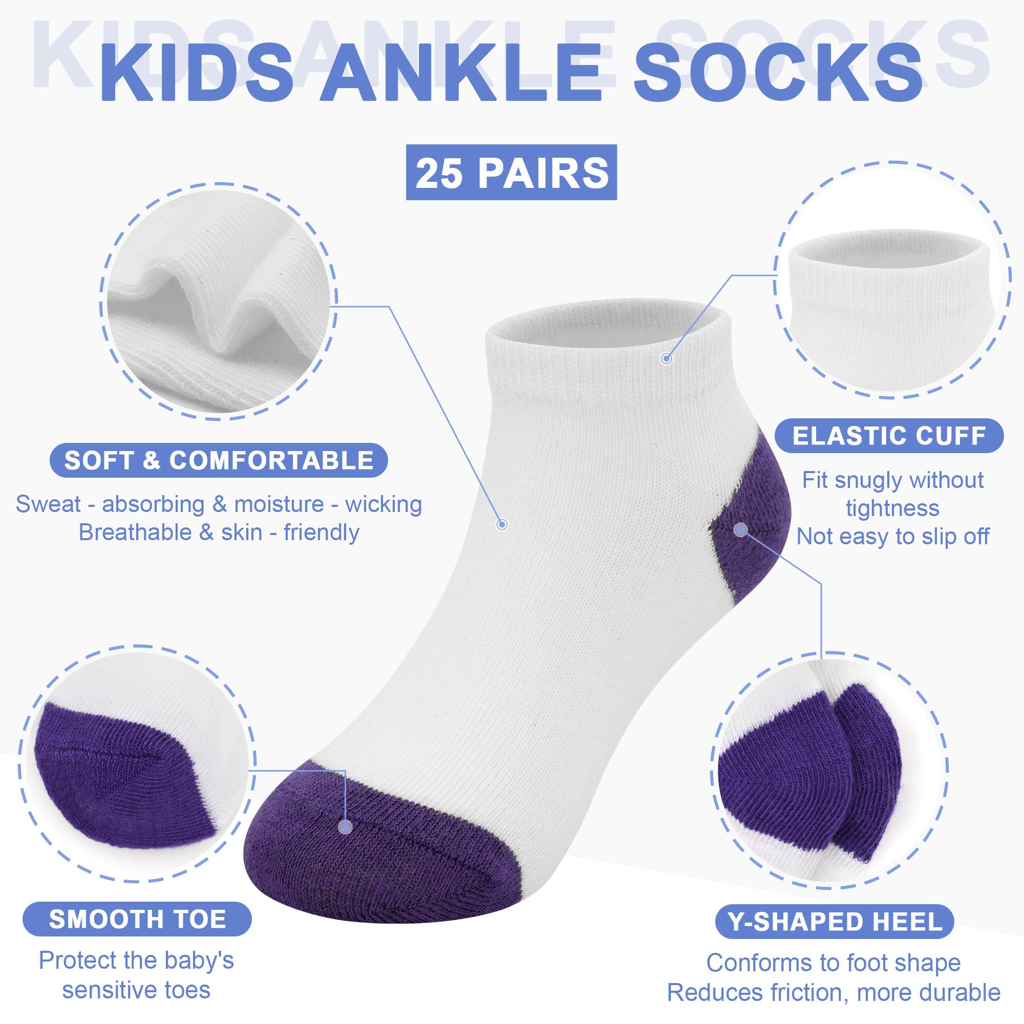 ZERULETS 25 pares de calcetines para niños pequeños, calcetines cortos de corte bajo para niños y niñas de 1 a 14 años