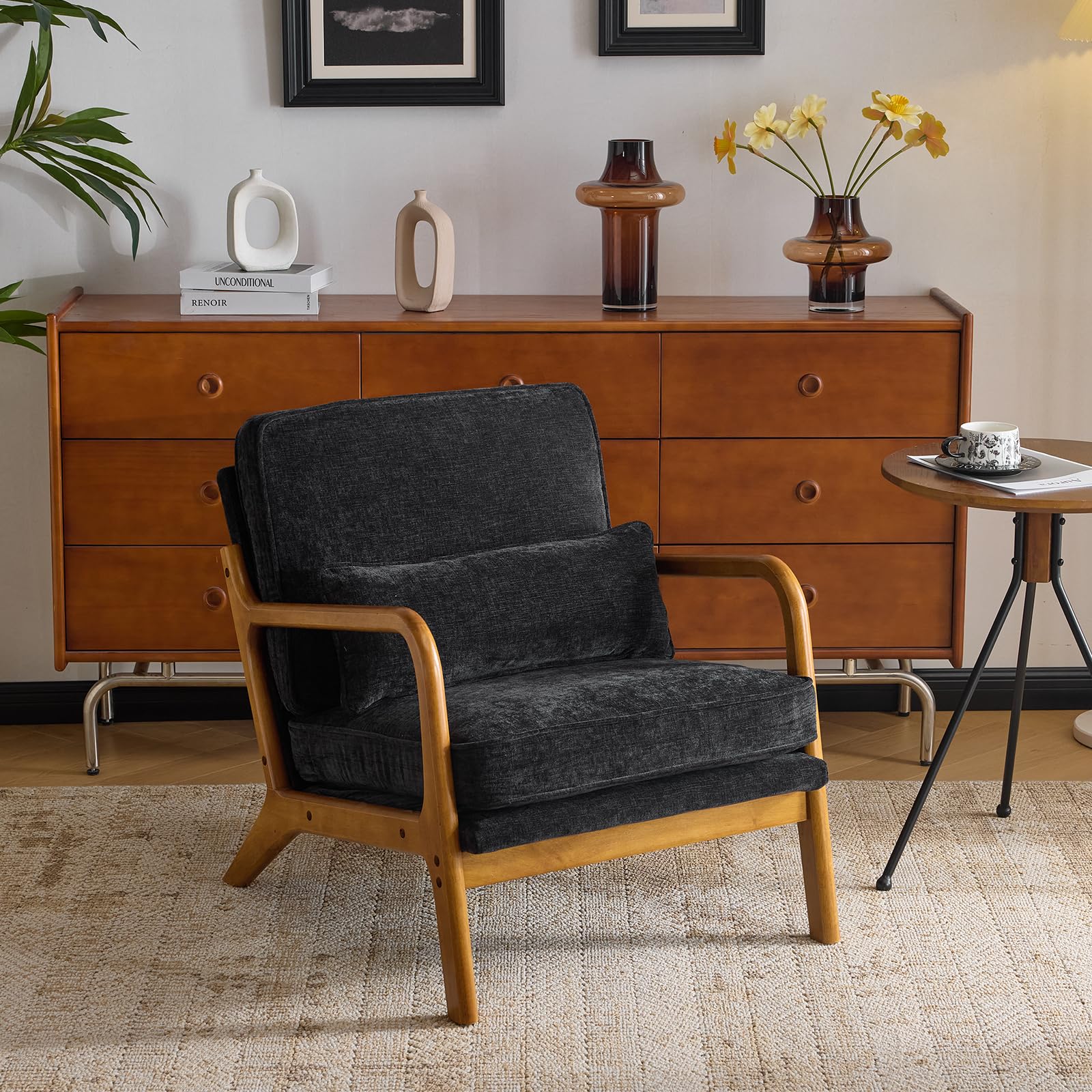 Bonnlo Accent Chair, Soild Wood Padding Lounge Armchairs, Occasional Reading Chair with Cushions and Lumbar Pillow, Armchairs for Living Room, Bedroom, Guest Room, Chenille, Black โ image 1