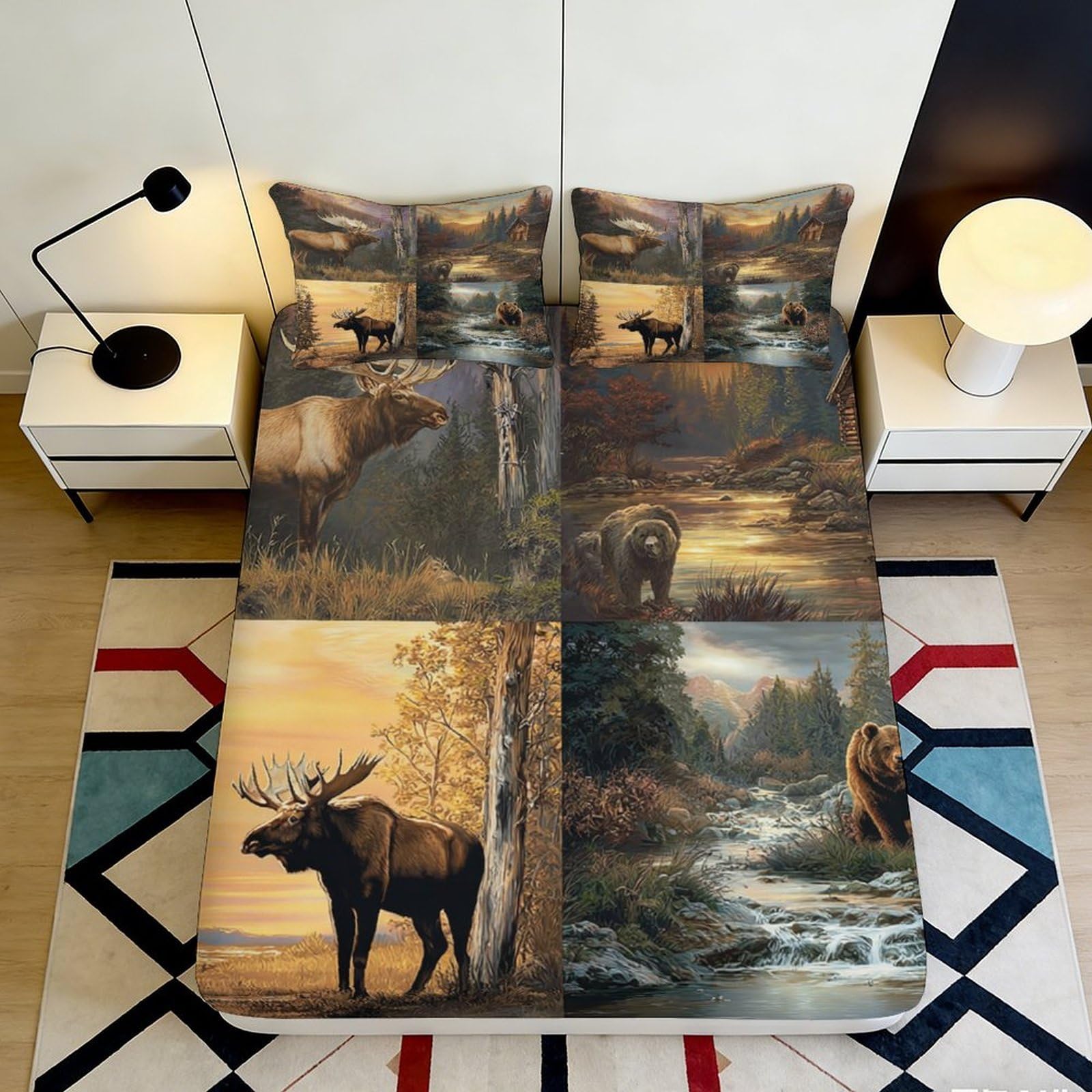 3D Printed Moose Forest Fitted Sheet Microfiber Soft Non-Slip Bear River Mattress Cover for Bedroom Guest Room Decor 140x200x25cm
