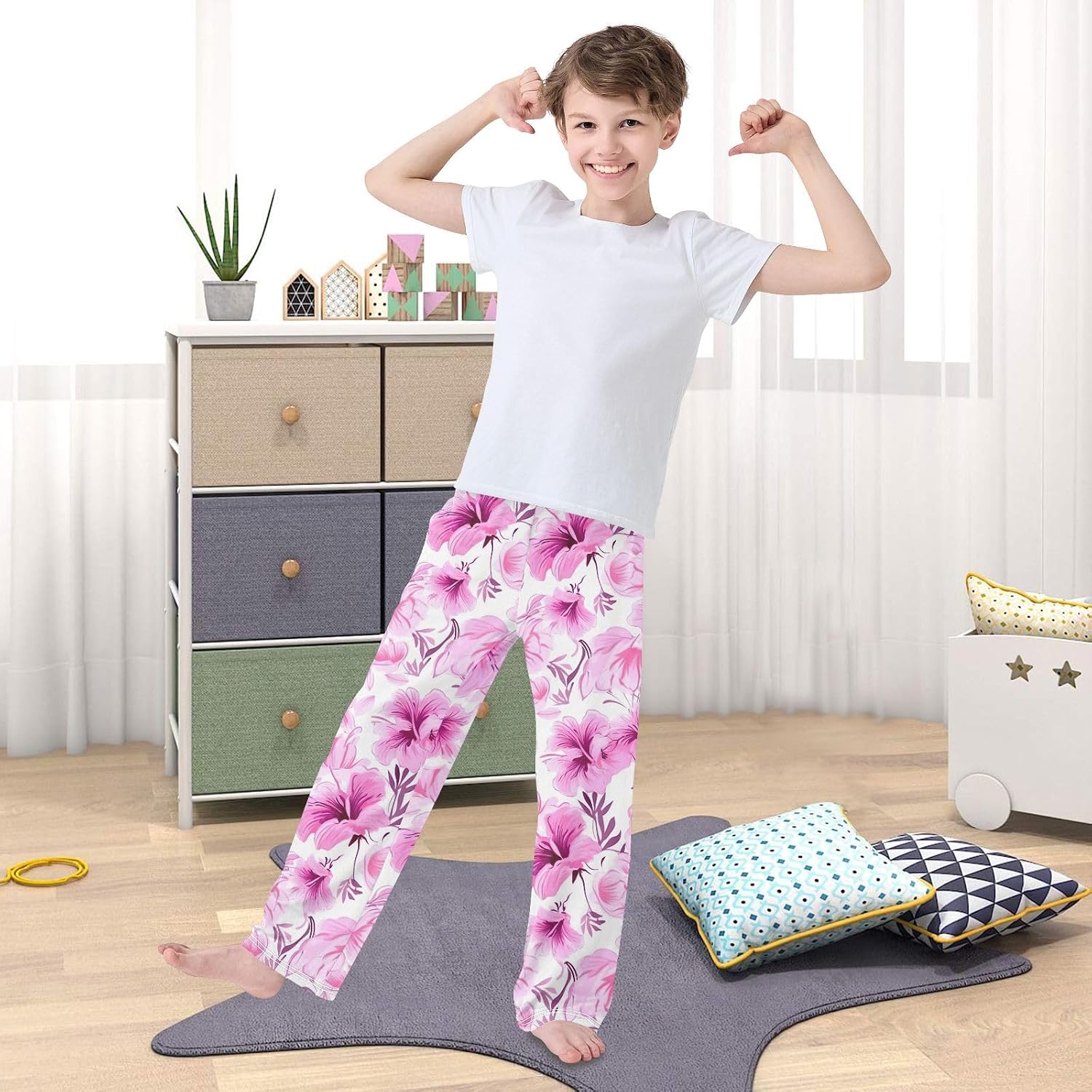 Pink Hibiscus Flowers Tropical Pajama Lounge Pants Long Pajama Bottoms with Elastic Waist Pockets for Christmas