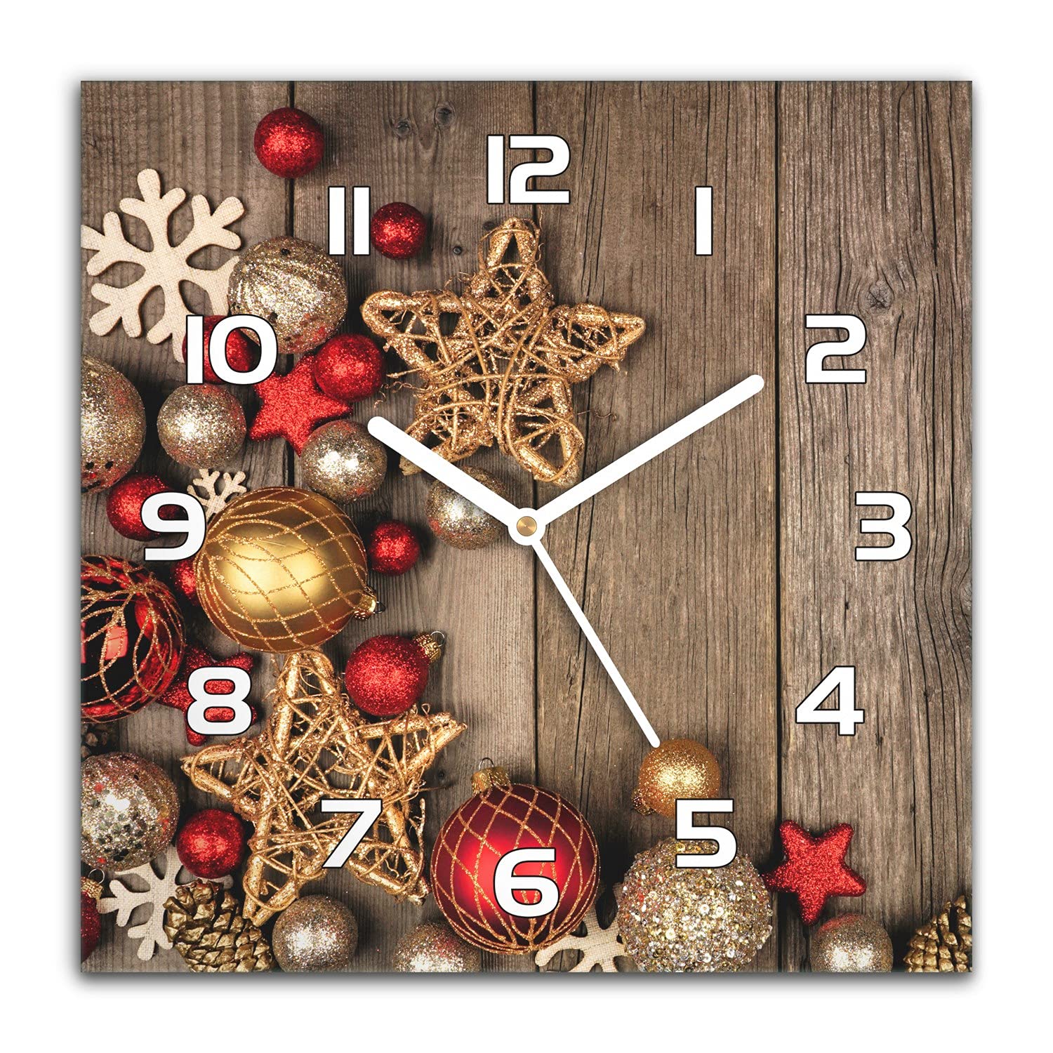 Horloge Murale Noël 30x30 cm en Verre Silencieuse pour Cuisine et Salon