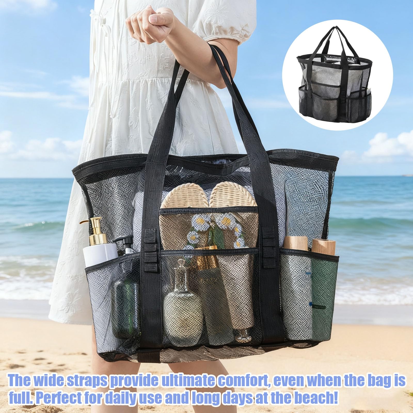 Borsa Mare Rete Donna Grande capacità 41x23x40cm Borsa Spiaggia Traspirante con Scomparti Pieghevole Leggera per Piscina Campeggio Escursioni Shopping Estate