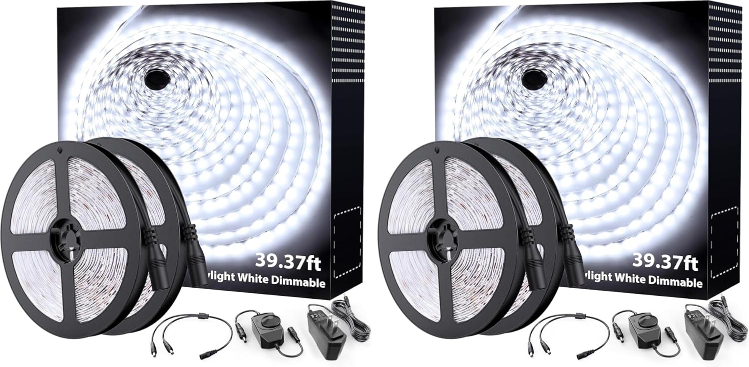 Onforu LED Strip Lights,39.37ft 6000K Dimmable Daylight White Tape Light,12m 720 LEDs 2835 Flexible Ribbon Mirror Light, 12V Adhesive Rope Lights for Kitchen, Under Cabinet, Bedroom (Pack of 2)
