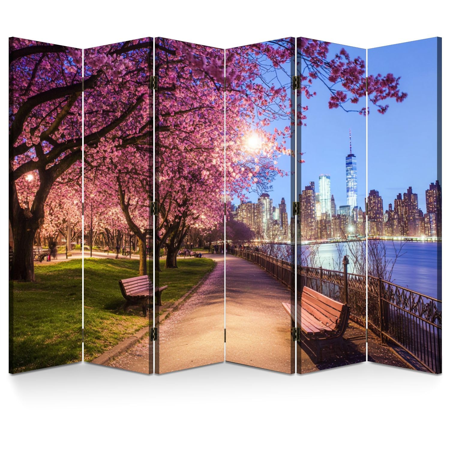 6 Panels Folding Screen Room Divider NYC Spring Cherry Blossoms Roosevelt Island View Dusk Canvas Screen Room Separator Freestanding Protective Wall