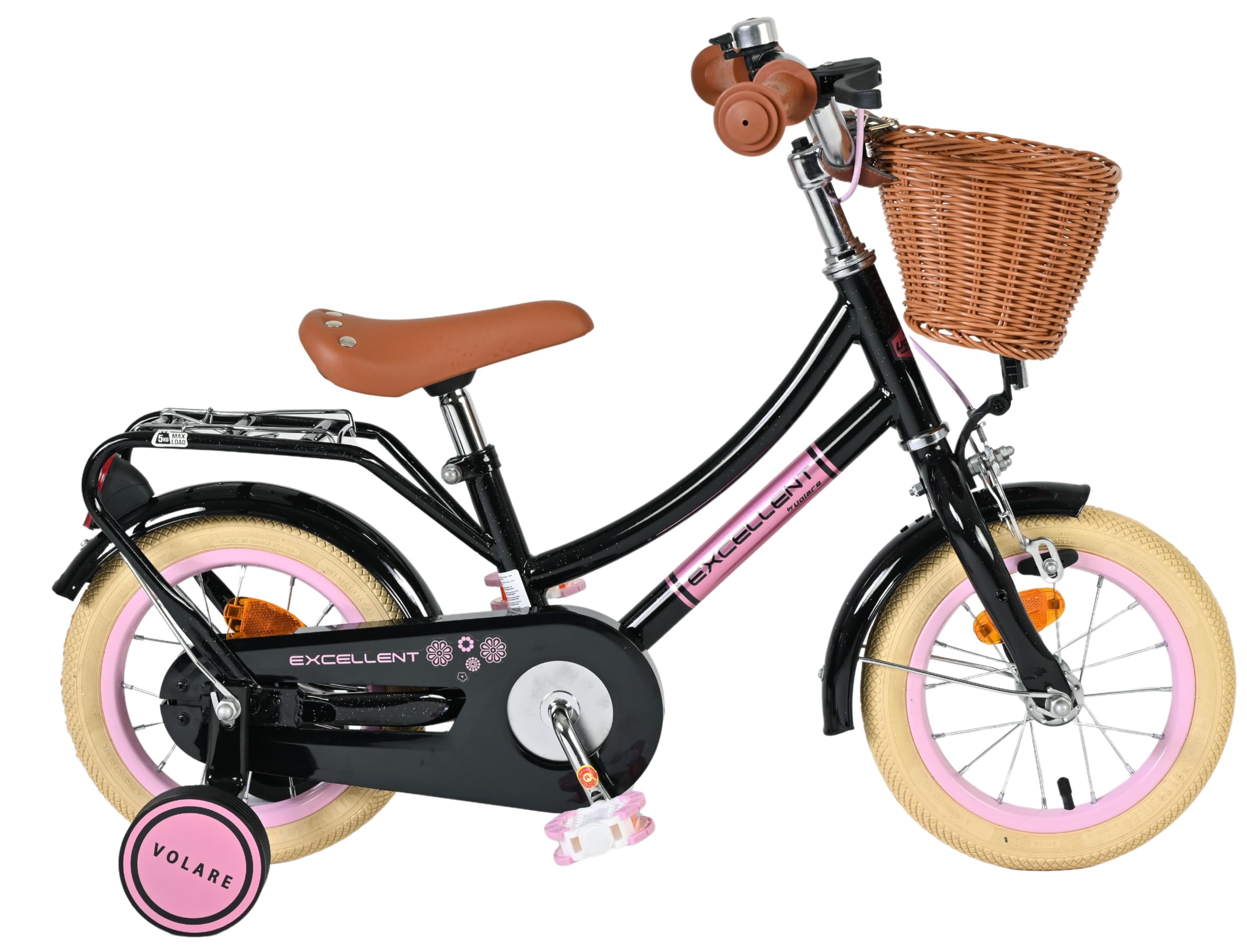 Volare Excellent Fahrrad | 3–5 Jahre | Hand- & Rücktrittbremse, Stützräder, Kettenschutz, Reflektoren & Korb | Höhenverstellbarer Sattel | Geschenk für Mädchen