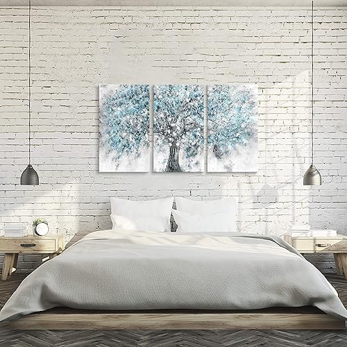 Miniatura 5 de ARTISTIC PATH Lienzo abstracto grande para pared, pintura de árbol azul que florece moderno, impresiones de imágenes de bosque pintadas a mano para