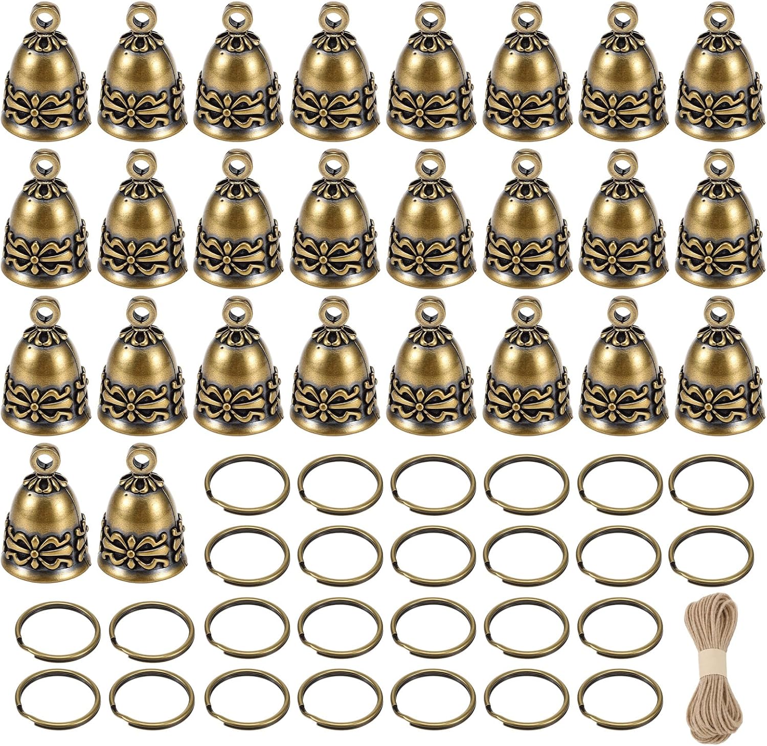 26pcs Brass Bells, Small Bells for Crafts, Handmade Vintage Copper Hanging Bell with Key Rings and Jute Twine for Wind Chimes, Wedding Decor, Christmas Ornaments, Home Door Decorations