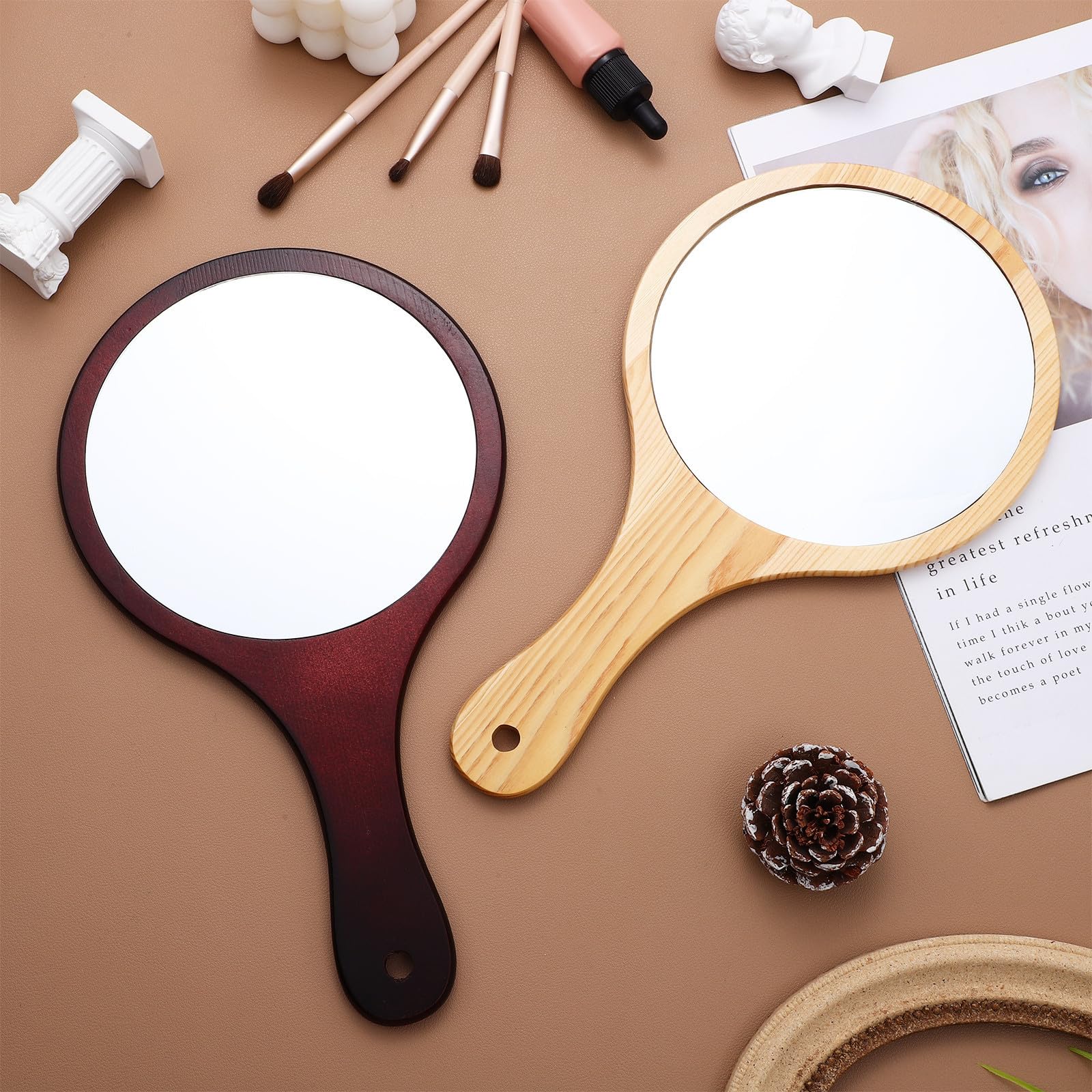HEMOTON Petit Miroir à Main, 2pcs, Miroir de Poche Vintage, Bois et Verre, Miroir de Poche avec poignée, pour Salon de beauté et Rasage