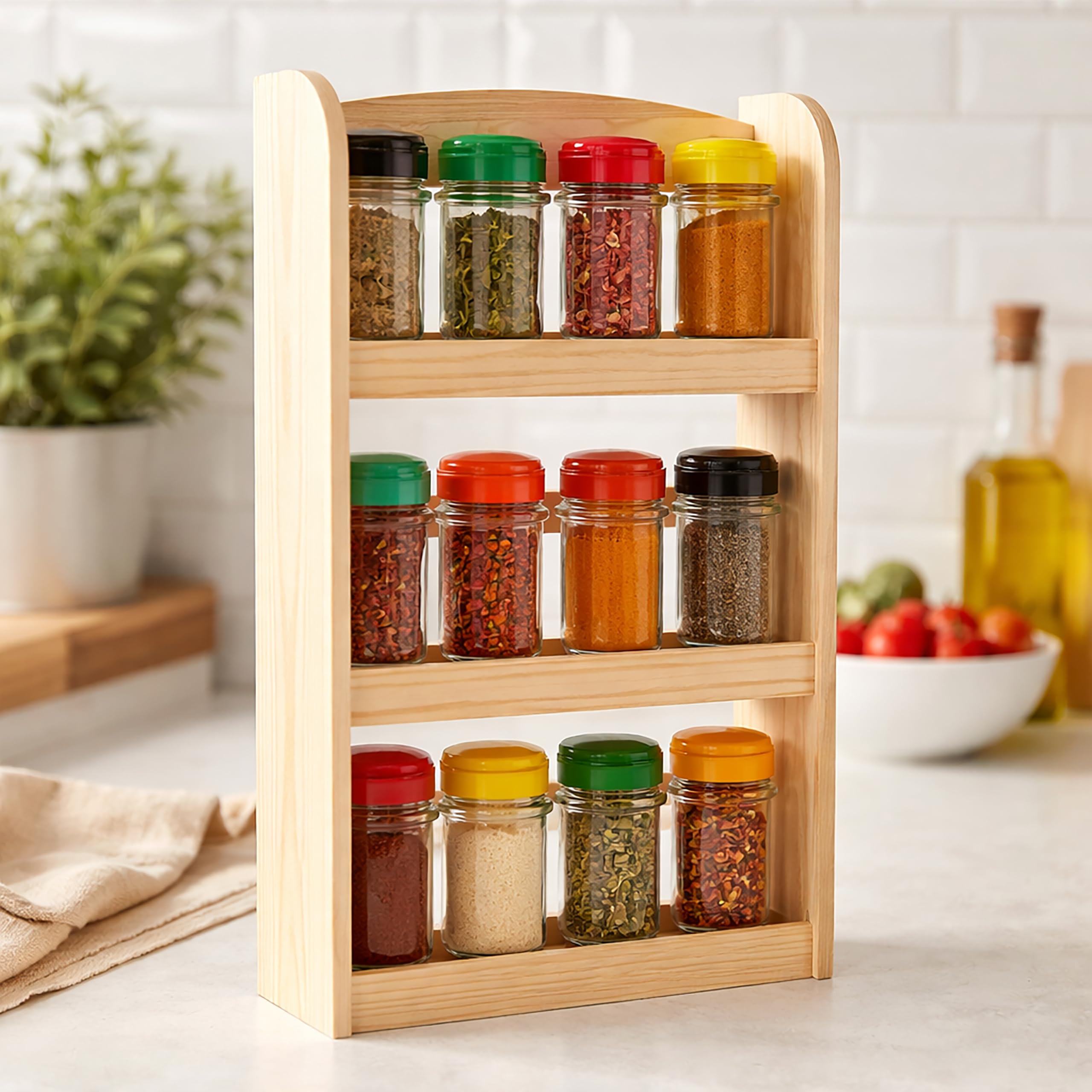 Iosss Brown Wooden 3 Tier Spice Rack Holds Upto 15 Jars