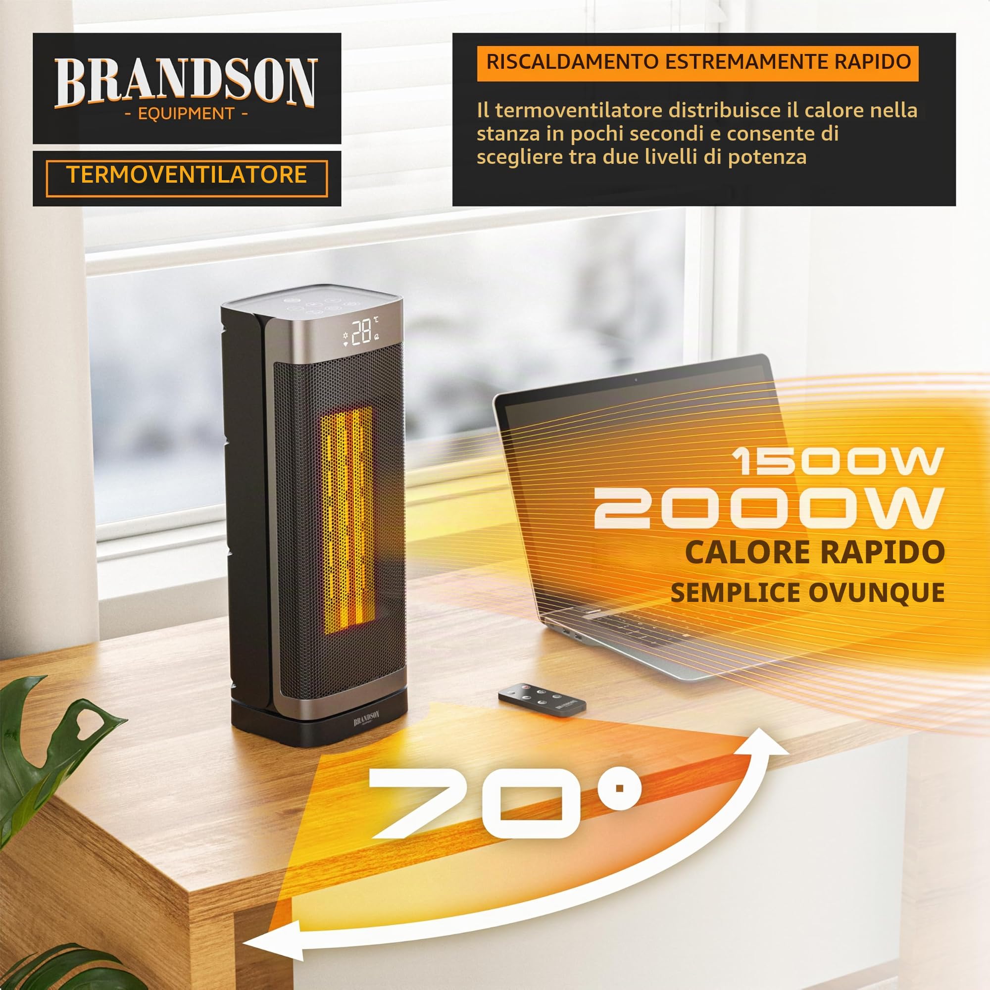 Brandson - Termoventilatore a risparmio energetico silenzioso - Oscillazione - con telecomando - Vincitore - Modalità ECO - 2 livelli - Timer - Riscaldamento in ceramica - Bagno Soggiorno Ufficio