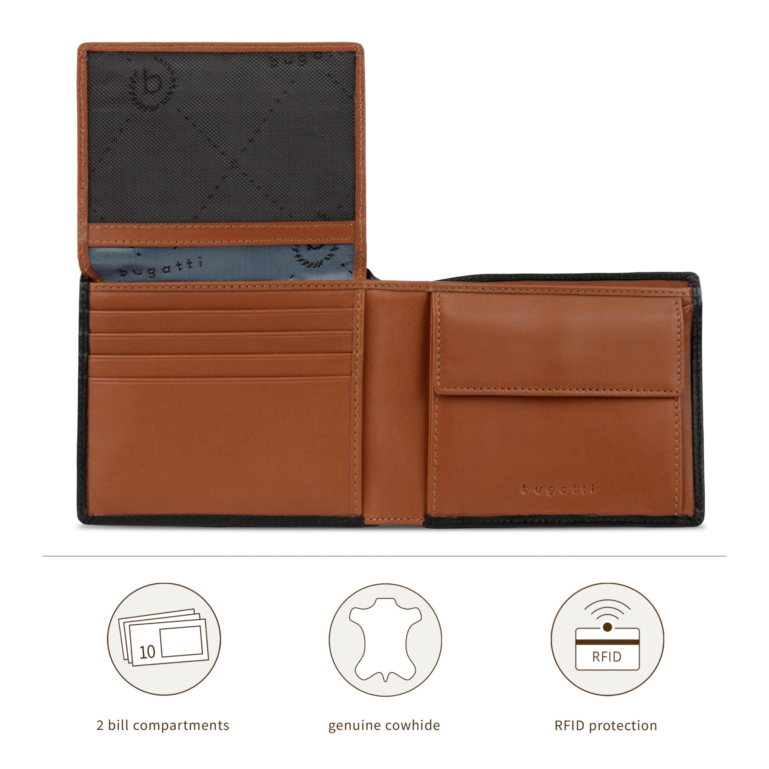 bugatti Roccia kleines Leder-Portemonnaie mit RFID-Schutz, Herren-Geldbörse in Saffiano-Optik, schwarz-Cognac