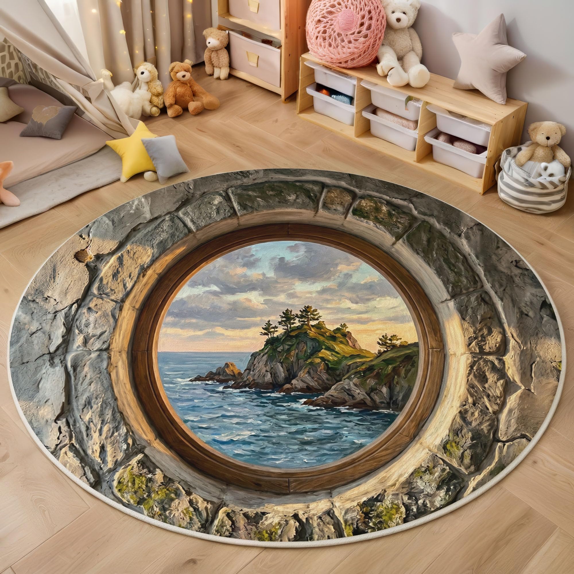 Tapis rond illusion visuelle pour salon moderne avec vue mer gris-bleu