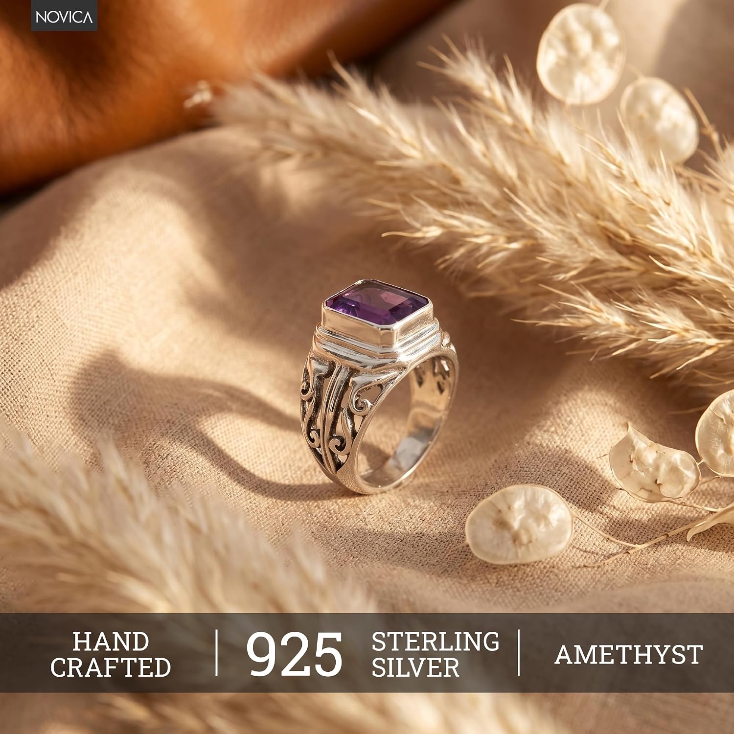 NOVICA Artisan Handmade Men's Amethyst Ring .925 Sterling Silver Purple Single Stone Indonesia Birthstone 'Wisdom Warrior'