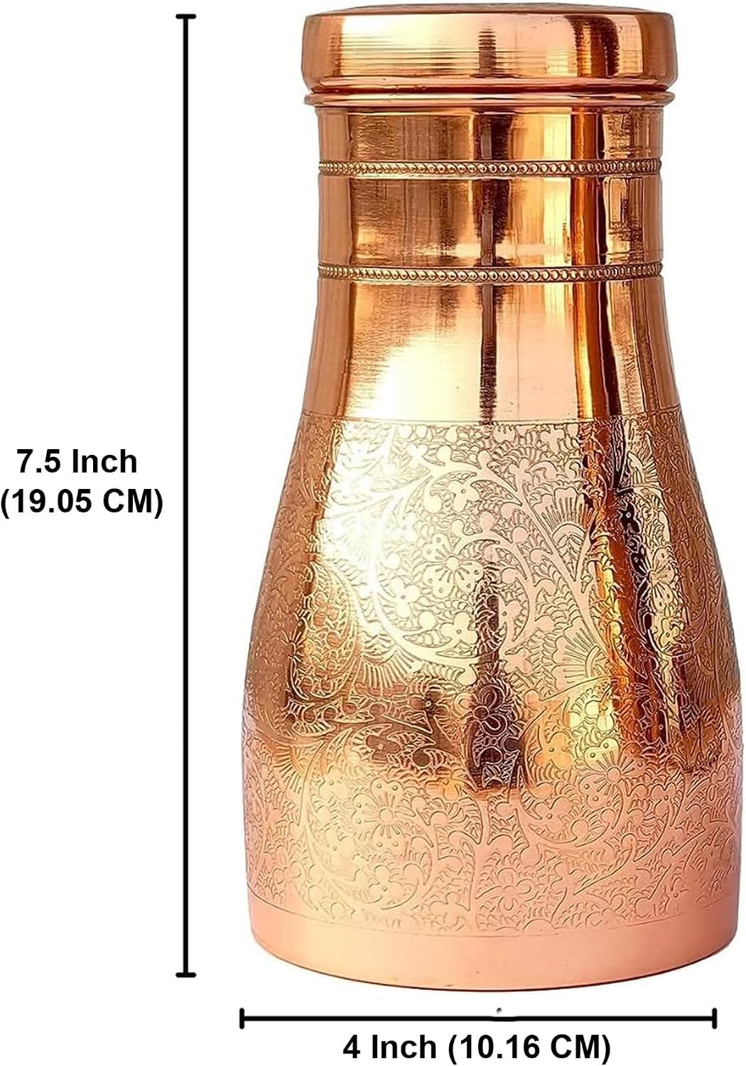 Copper Bedroom Water Bottle 1.2 Litre/40 Oz Traditional Embossed Pitcher Bedside Carafes for Sports & Yoga