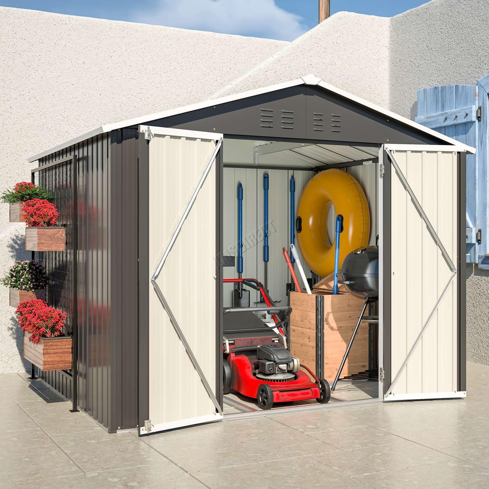 Garden Shed Metal Apex Roof 8FT X 6FT Outdoor Storage With Free Foundation Anthracite White