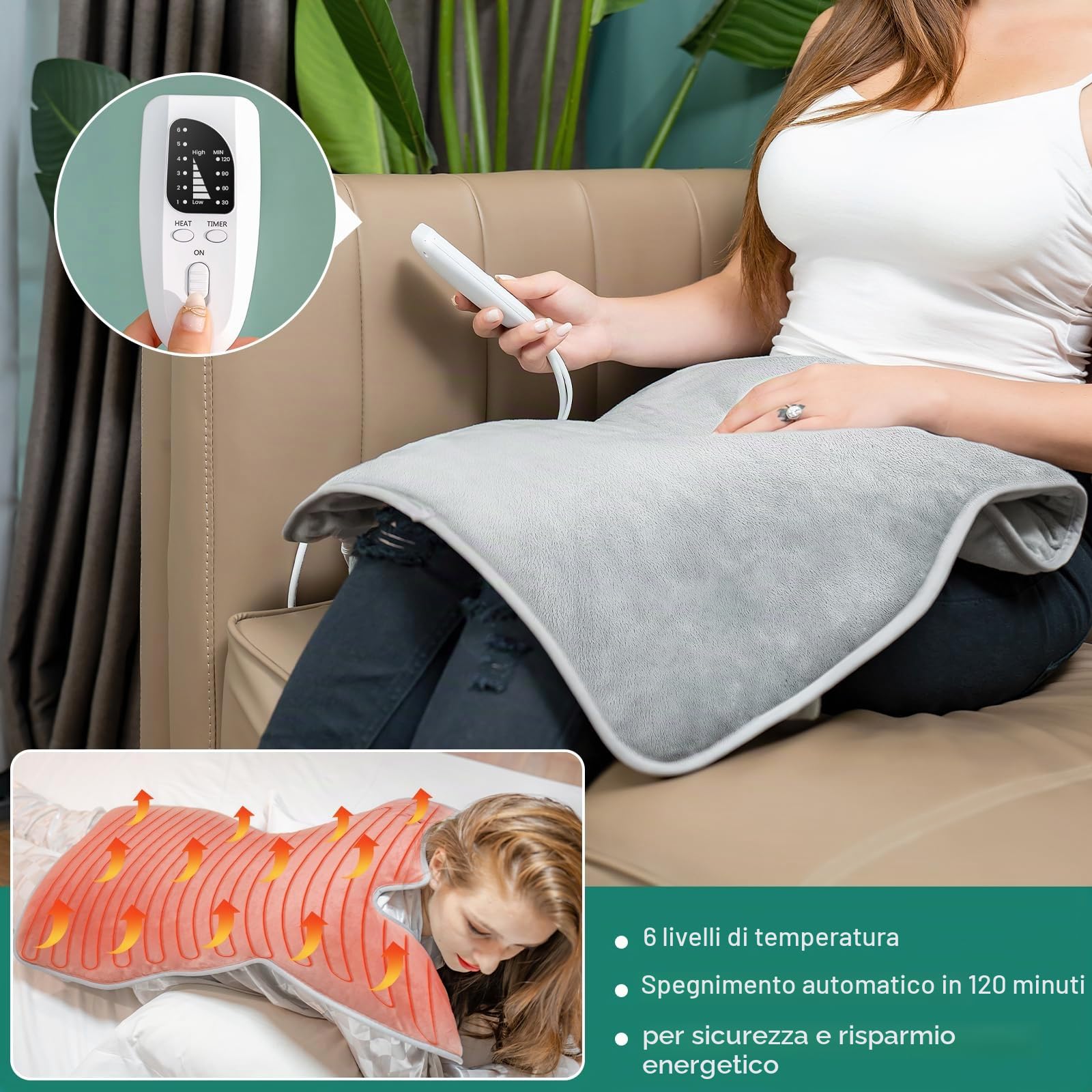Termoforo Elettrico, 60x100cm Riscaldante per Spalle, Termoforo Cervicale con 6 livelli di riscaldamento, Timer di Spegnimento Automatico 2 ore, Flanella, Lavabile in Lavatrice