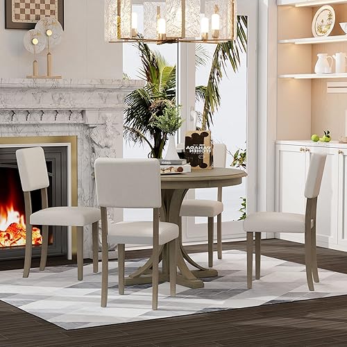 Miniatura 2 de RUNWON Juego de comedor redondo de 5 piezas con patas de caballete curvas y 4 sillas tapizadas, estilo retro, mesa y 4 sillas, gris pardo