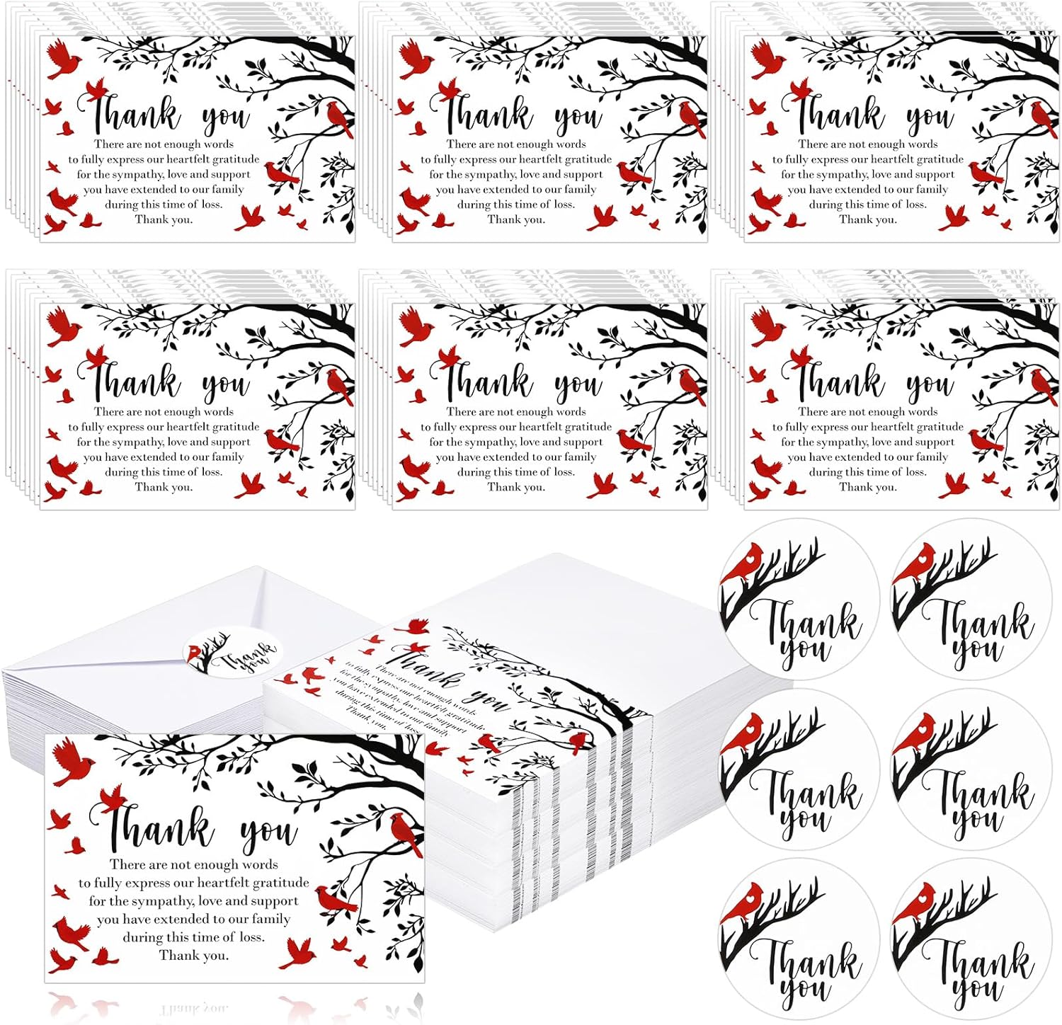 Motiskyy 100 Sets Funeral Thank You Card with Envelopes Stickers Cardinal Bird Branch Sympathy Card Paper Folded Memorial Bereavement Notes for Family Memorial Service Loved Ones Celebration of Life
