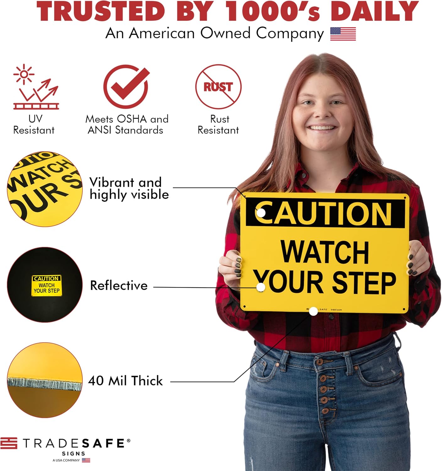 TRADESAFE Watch Your Step Sign, Caution Sign, Quick Install Aluminum Safety Sign, Light Reflective, UV-Resistant, Waterproof Signs for Business, 14” X 10” Safety Signs &