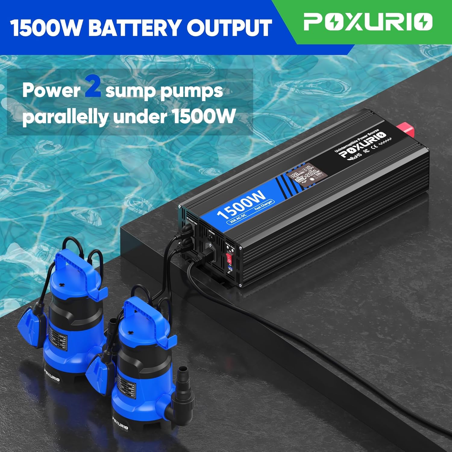 1500W Sump Pump Battery Backup System, Safe Back Up System with LCD Display, 20A Fast Charging for Continuous Sump Pump Operation, Emergency and Power Outage
