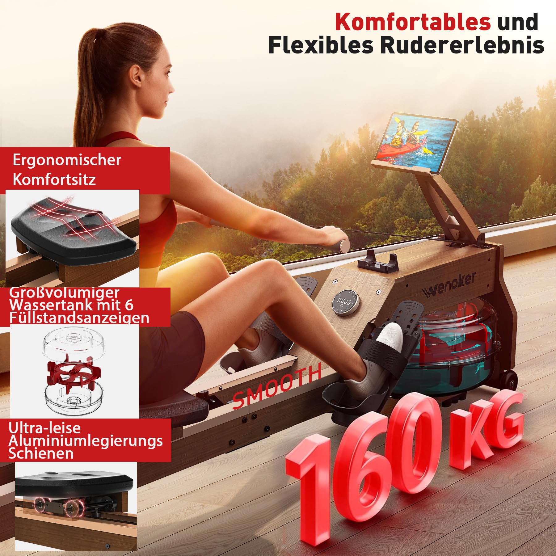 [2026] Wenoker Wasser Rudergerät für Zuhause + 22L Extra-großer Wassertank | LED Knob Display, Bluetooth App, FSC Massiv Eiche, Verbesserte Doppelschienen, Vertikal verstaubar
