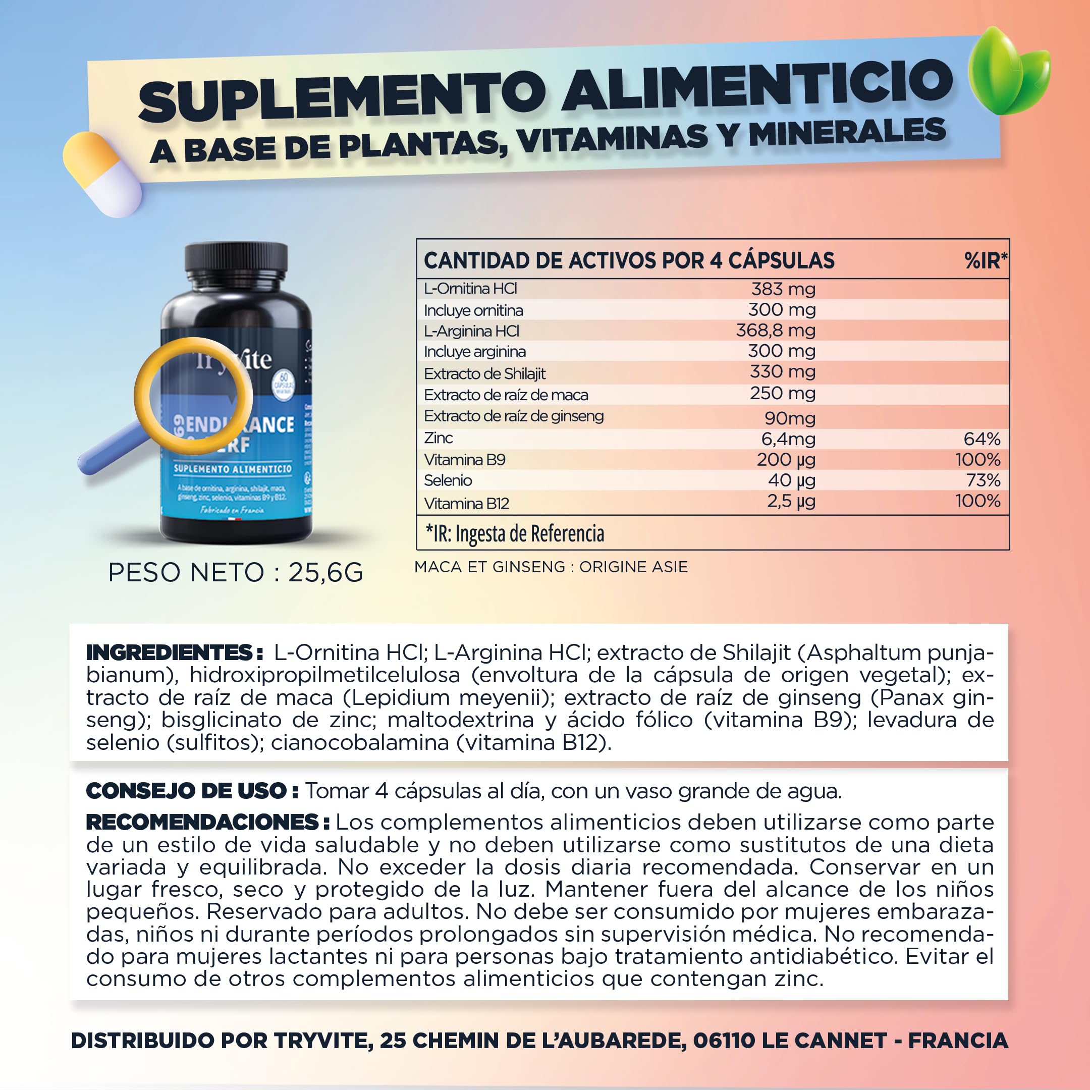 TESTOSTERONA HOMBRE | 60 Cápsulas Para Circulación Sanguínea | Booster de Fuerza Resistencia Energía | Ginseng, Maca, shilajit, Arginina, Citrulina, Zinc | TRYVITE ENDURANCE&PERF
