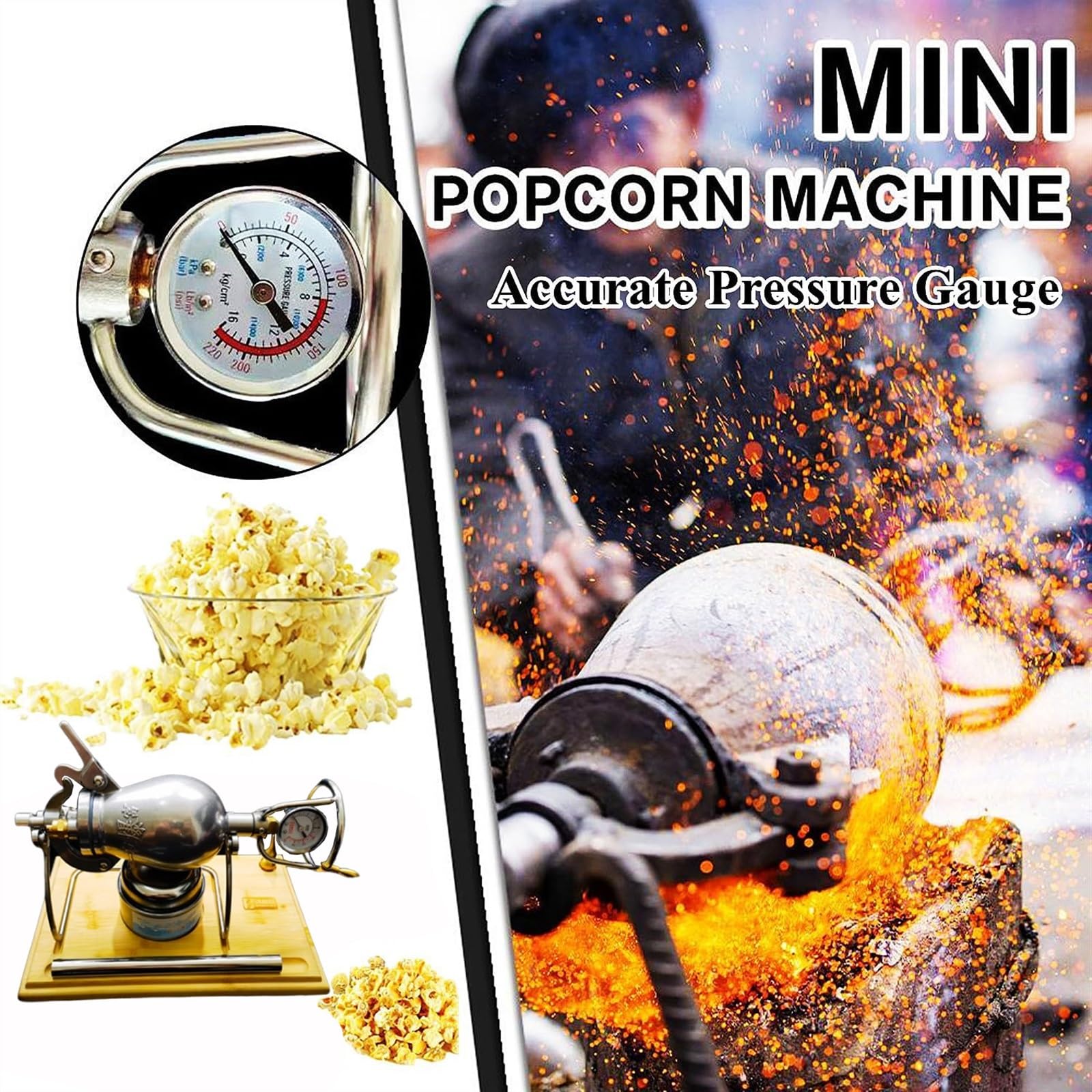 Ręczny Popcorn O Pojemności 320ml, Z Korbą, Podstawa Z Drewnianej Deski Mini Wysokociśnieniowa Maszyna Do Robienia Popcornu Ze Stali Nierdzewnej, Z Manometrem, Ogrzewanie Gazowe Slow