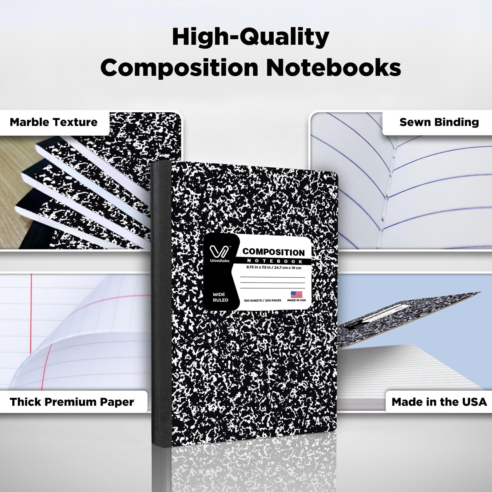Woodlake Quaderni a righe larghe, confezione da 12, 100 fogli/200 pagine, 24 x 19 cm, copertina in marmo bianco e nero, rilegatura cucita robusta, made in USA, per scuola, ufficio e università