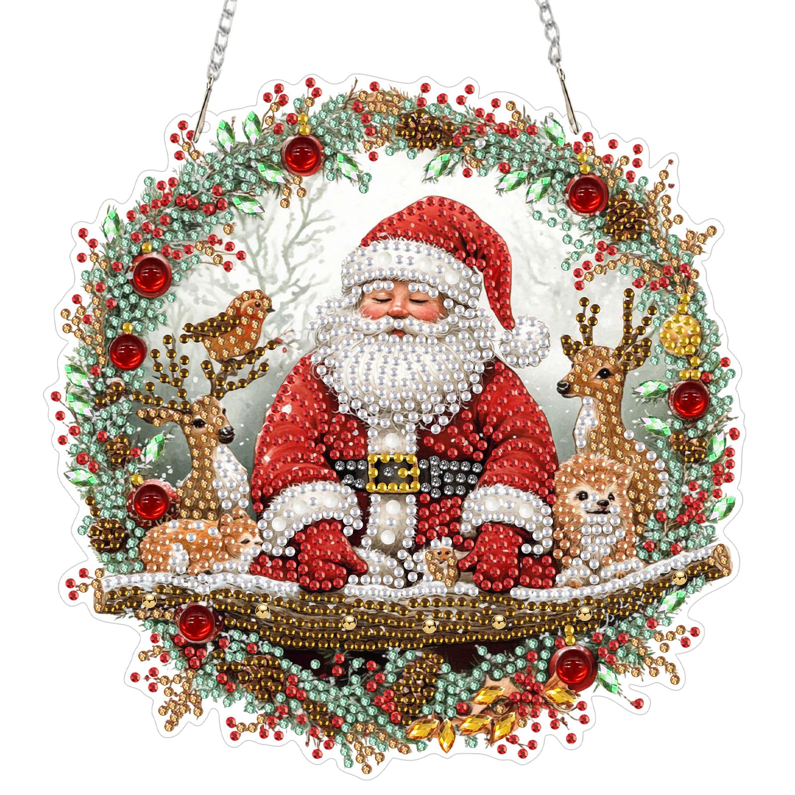 QENSPE Diamond Art Kit, DIY Santa Claus Diamond Painting Hanging for Adults Beginner, Gem Arts Pendant Animals Special Shaped Rhinestone Window Ornaments Wall Door Garden Decoration, Double Sided
