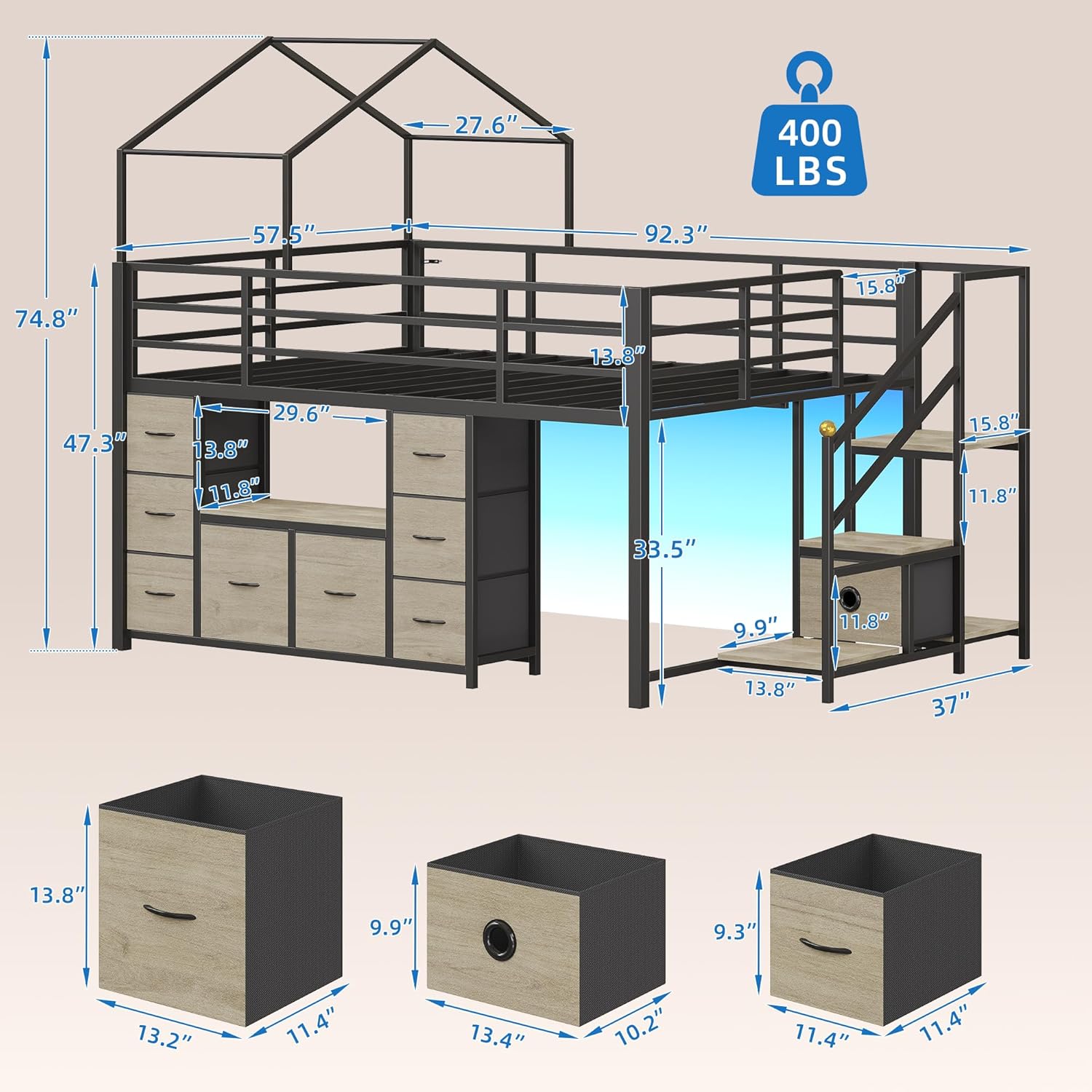 Full Size Low Loft Bed with 9 Drawers, Reinforced Metal House Bed Frame with Noise-Free Slats, Smart LED Lights & Charging Station, Space-Saving for Small Bedroom, Oak Gray