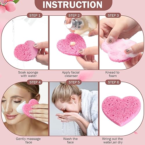 Miniatura 5 de Dandat 300 esponjas faciales comprimidas en forma de corazón, esponjas faciales para limpieza facial natural, almohadillas exfoliantes para limpieza