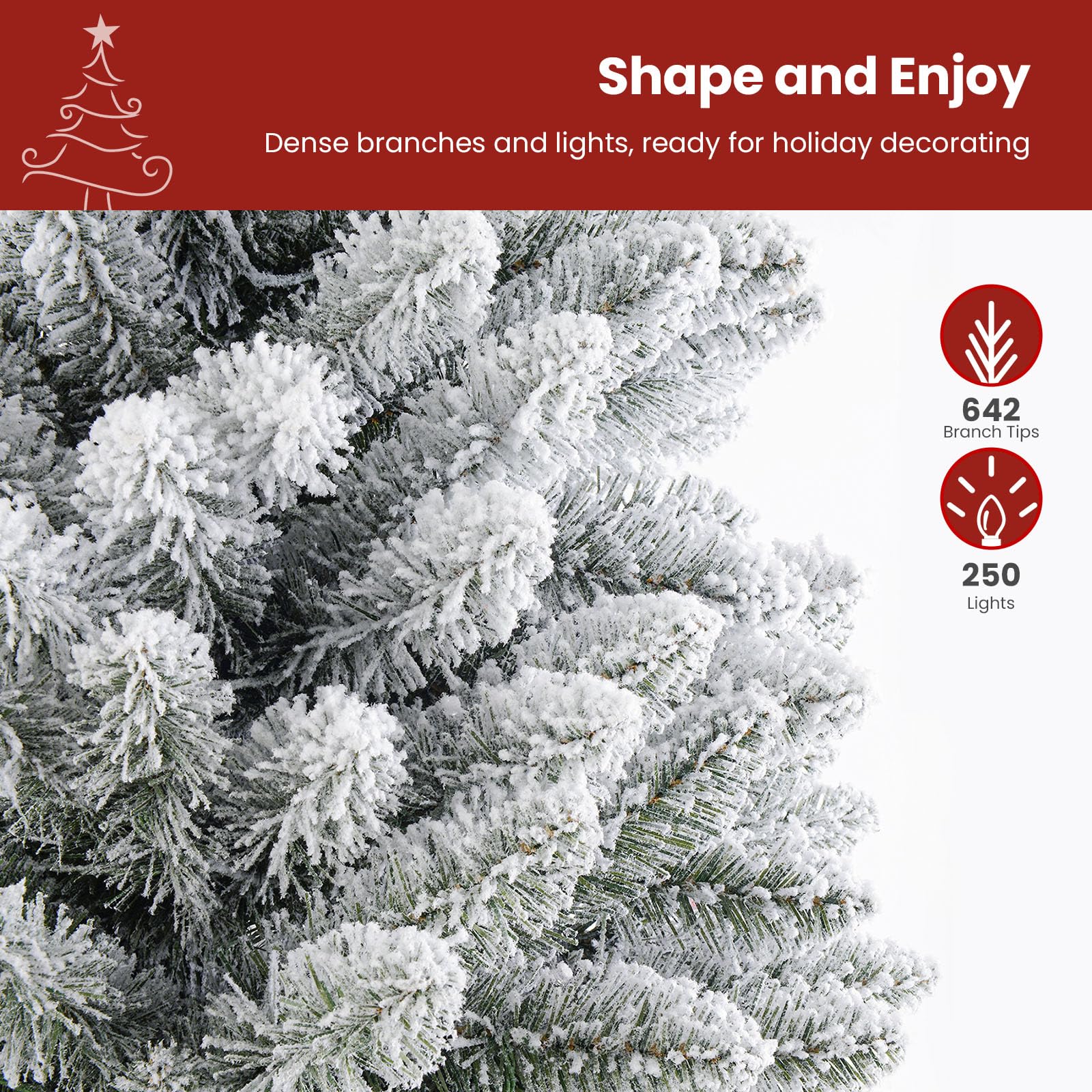 Shareconn 152 cm Sapin de Noël Artificiel Pré-éclairé, Arbre Floqué Blanc avec Support en Métal Pliable, 210 LED de Haute Qualité, 12 Modes d'éclairage, Parfait pour Les Décorations de Noël