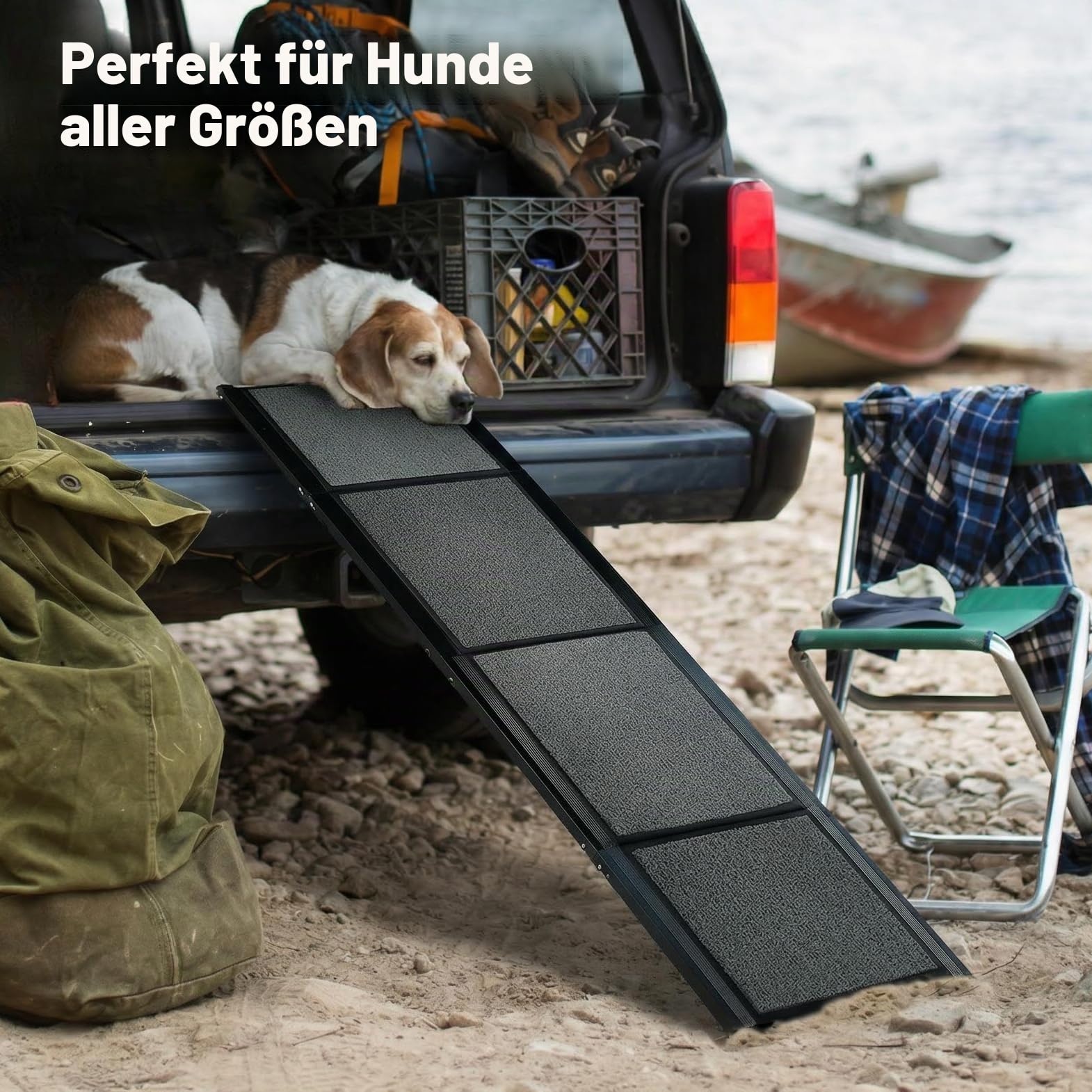Haustierrampe (180 x 50 cm), Hunderampe für Auto, SUV und LKW, Faltbare und tragbare Haustierrampe mit Rutschfester Teppichoberfläche, leicht Stabil, extra breite Hundestufen
