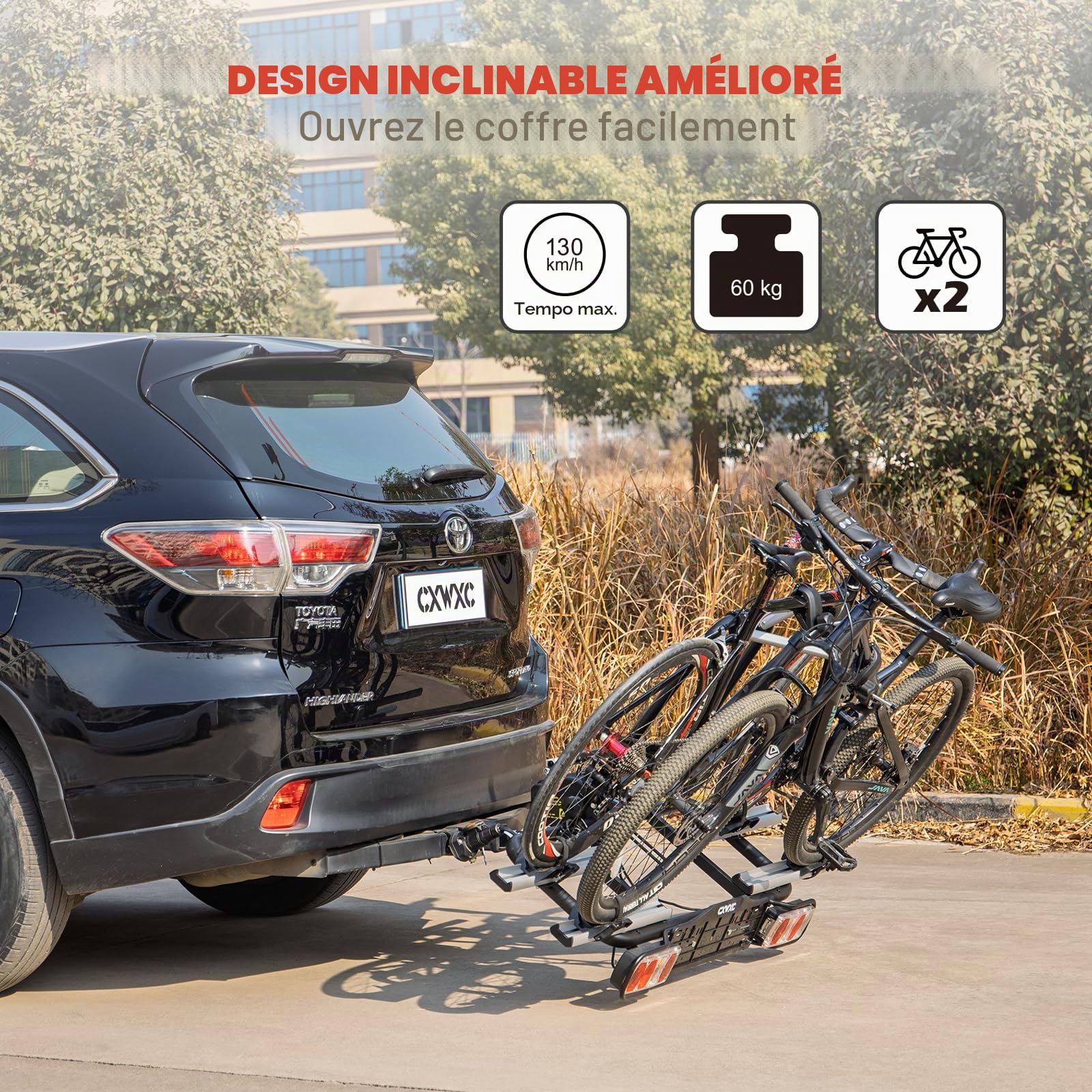 Porte-vélos pour attelage de remorque - Porte-vélos de voiture pour vélos électriques et roues standard - Peut contenir 2 vélos - Sécurité à dégagement rapide - Système d'éclairage 13/7 broches