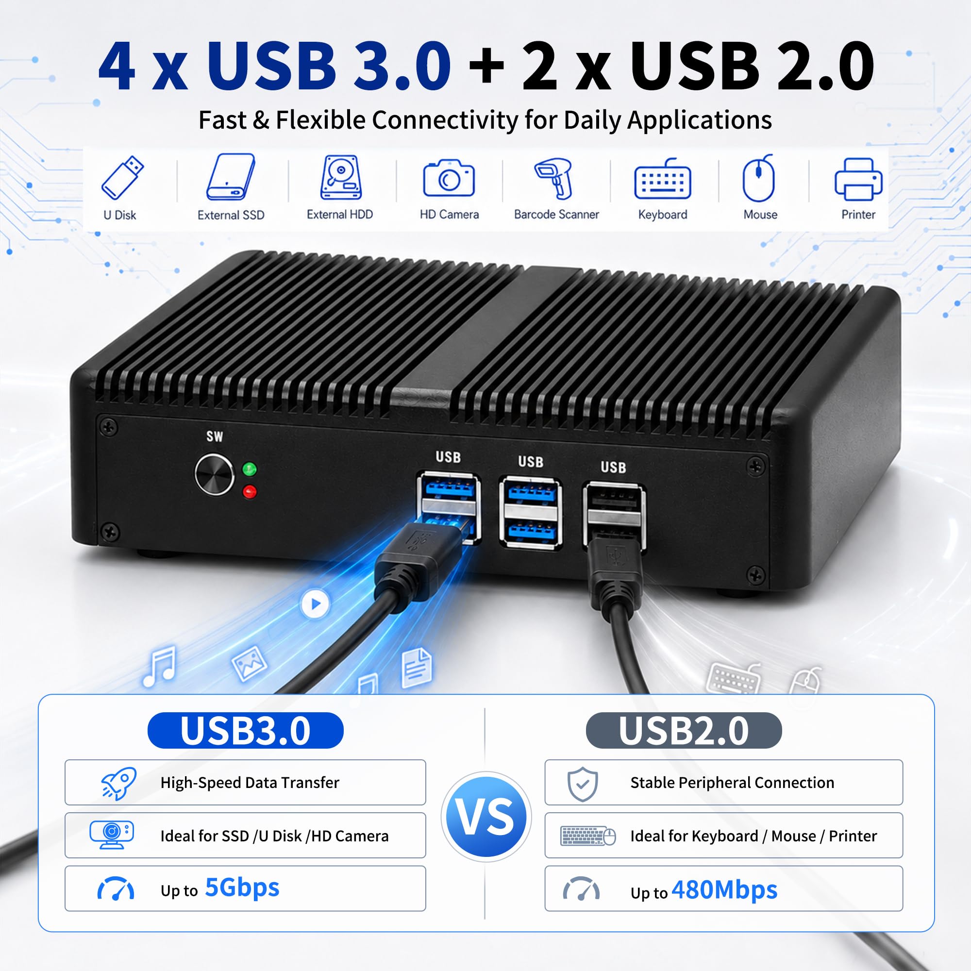 Mini PC Core i3-6006U (2C/4T), Fanless Micro PC DDR3L Barebone No RAM/SSD, 4K HD+VGA, RJ45 Gigabit LAN, SATA3.0 Slot, 6 USB, AES-NI, Desktop Computer for Business Office Home