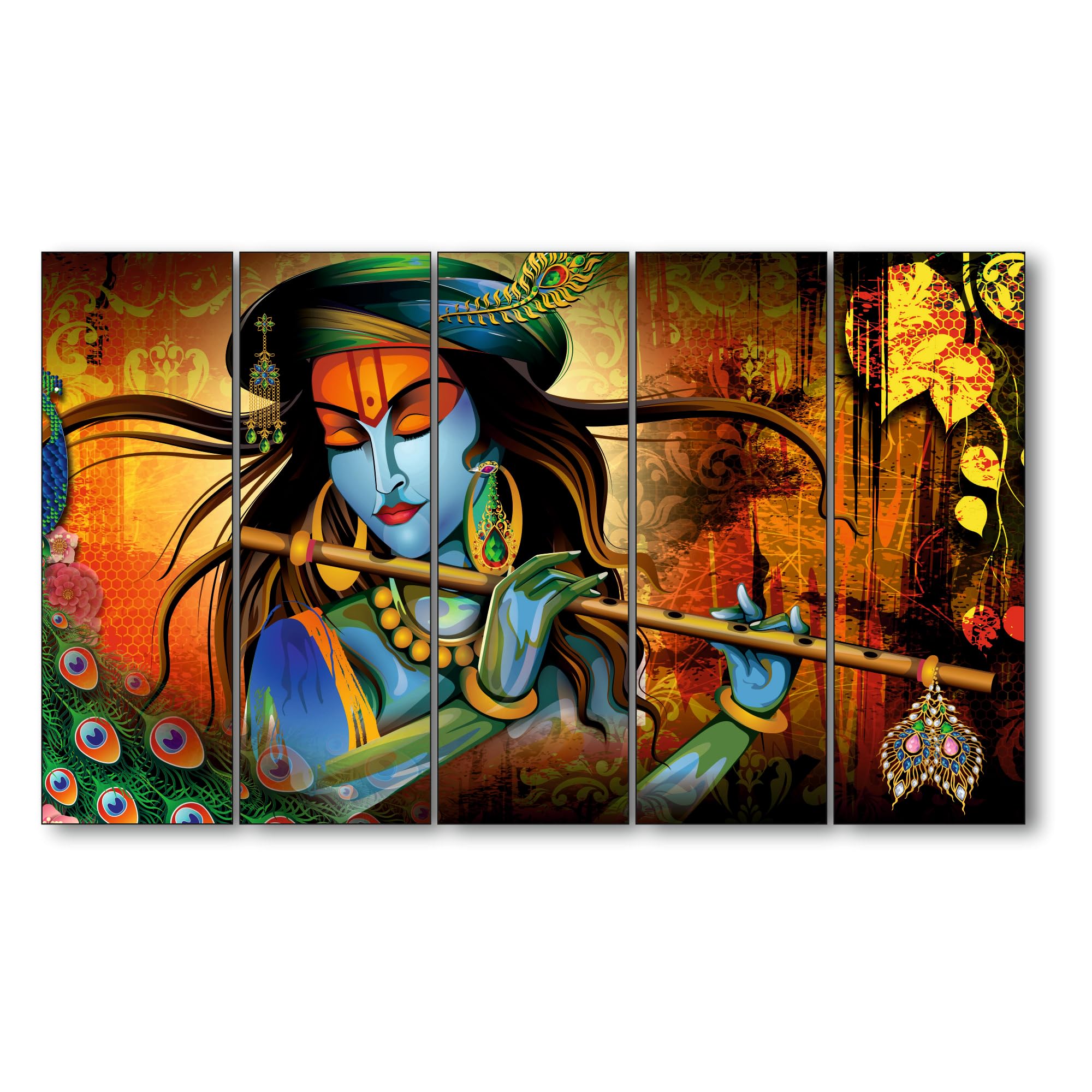 The Castle Decor-Krishna flute painting with frame 5 Big Size (27x48) Multiple Frames Wall Art Painting for living room,Bedroom,Drawing room,Hotels-Wooden Framed-Digital Painting