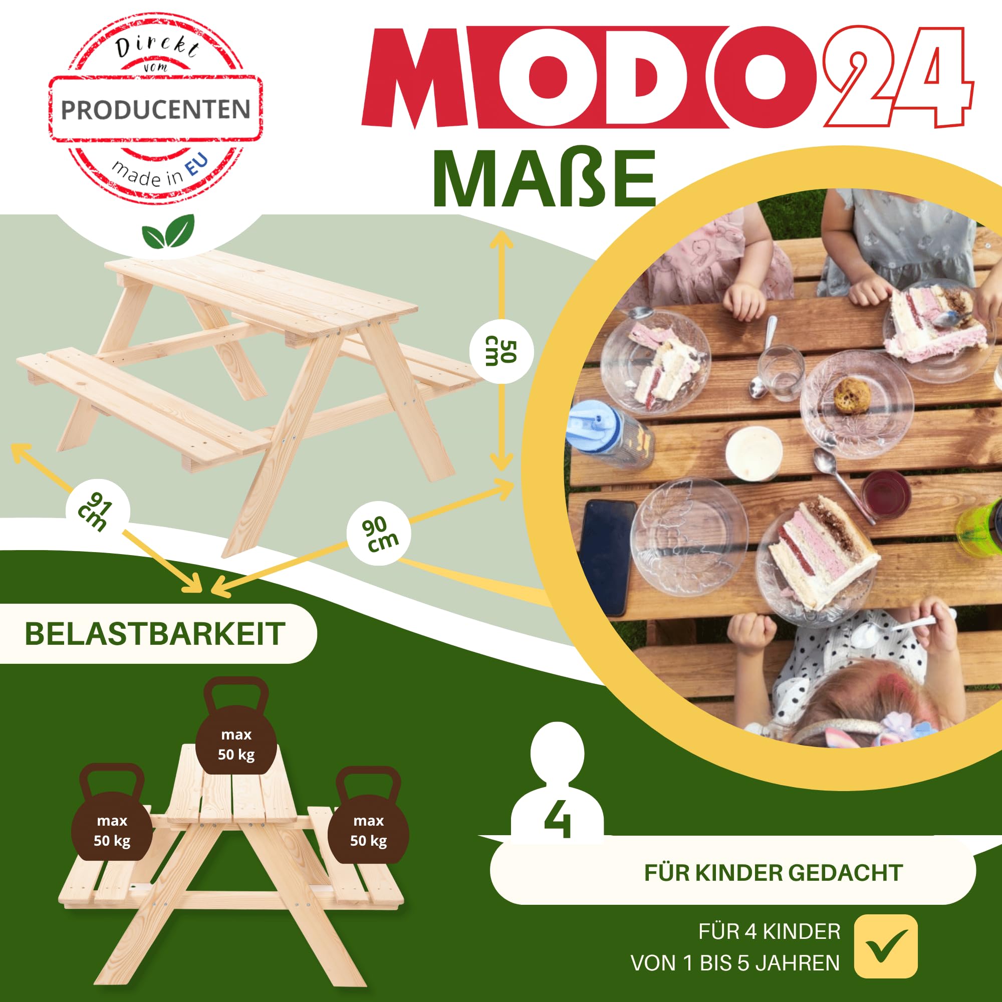 Kindersitzgarnitur für 4, Picknicktisch für Kinder aus Kiefernholz, Outdoor Sitzgruppe mit 2 Bänken, Gartensitzgarnitur & Spielmöbel, Abmessungen 90x91x50 cm, Farbe: Grau (imprägniert)