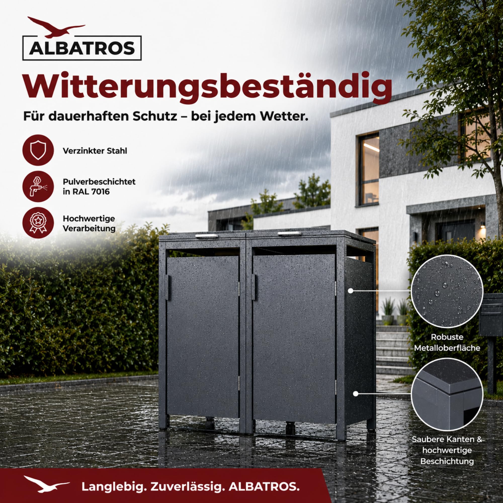 ALBATROS Mülltonnenbox 2er Hauswandversion, 120L bis 240L, für Zwei Tonnen, verzinktes Metall RAL7016 Anthrazit, offene Rückseite, bessere Belüftung, wetterfest, verstellbare Füße