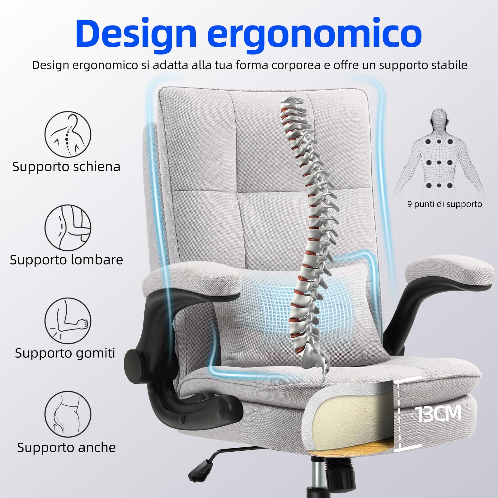 Sedia da ufficio ergonomica, in tessuto traspirante e schienale alto, regolabile in altezza e funzione basculante, 150 kg, sedia girevole con ruote, colore: grigio