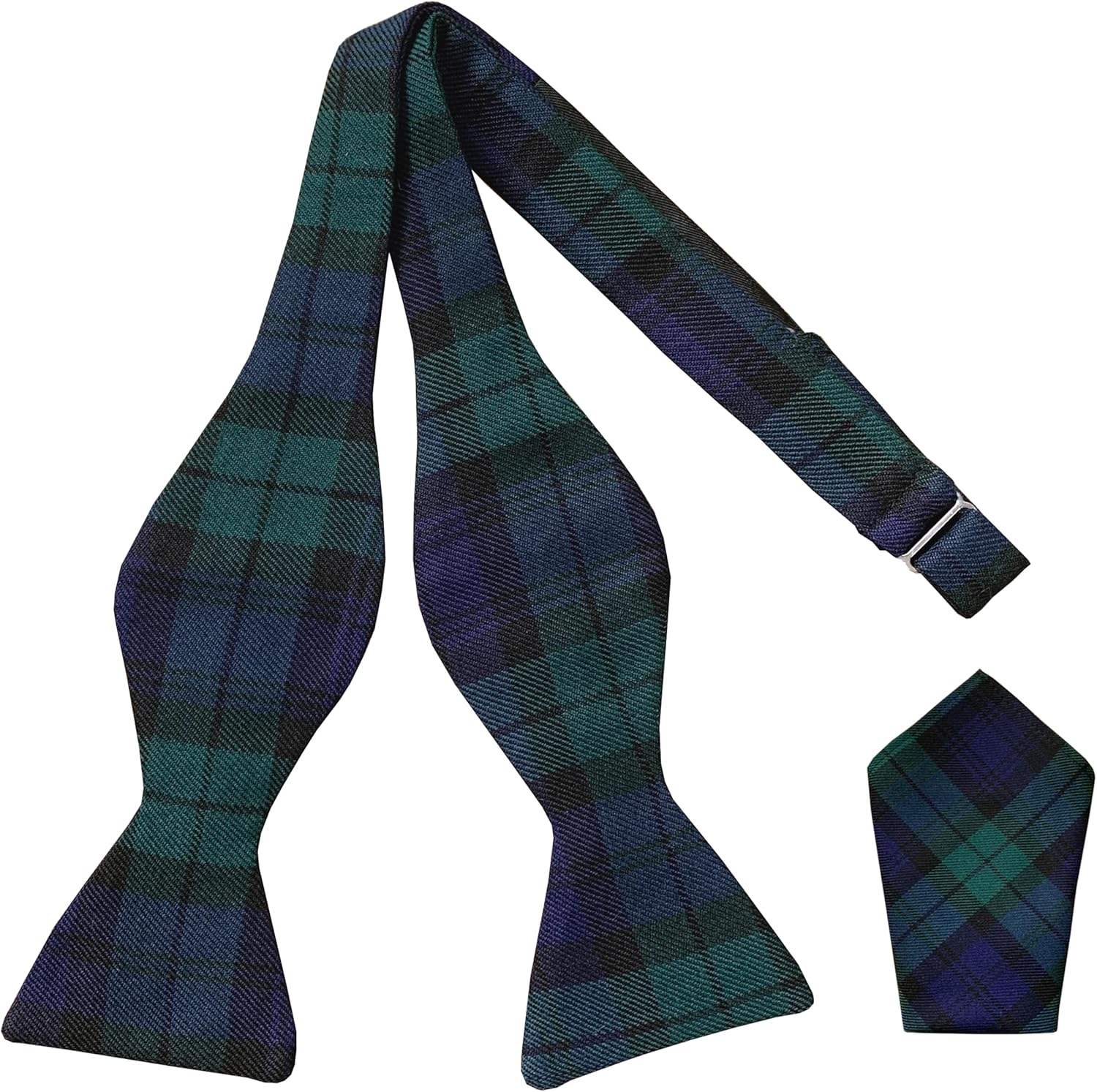 Great British Tie Club Black Watch Tartan Self Tie Bow Tie & Hanky Set, Navy Blue, Black, Green, One size