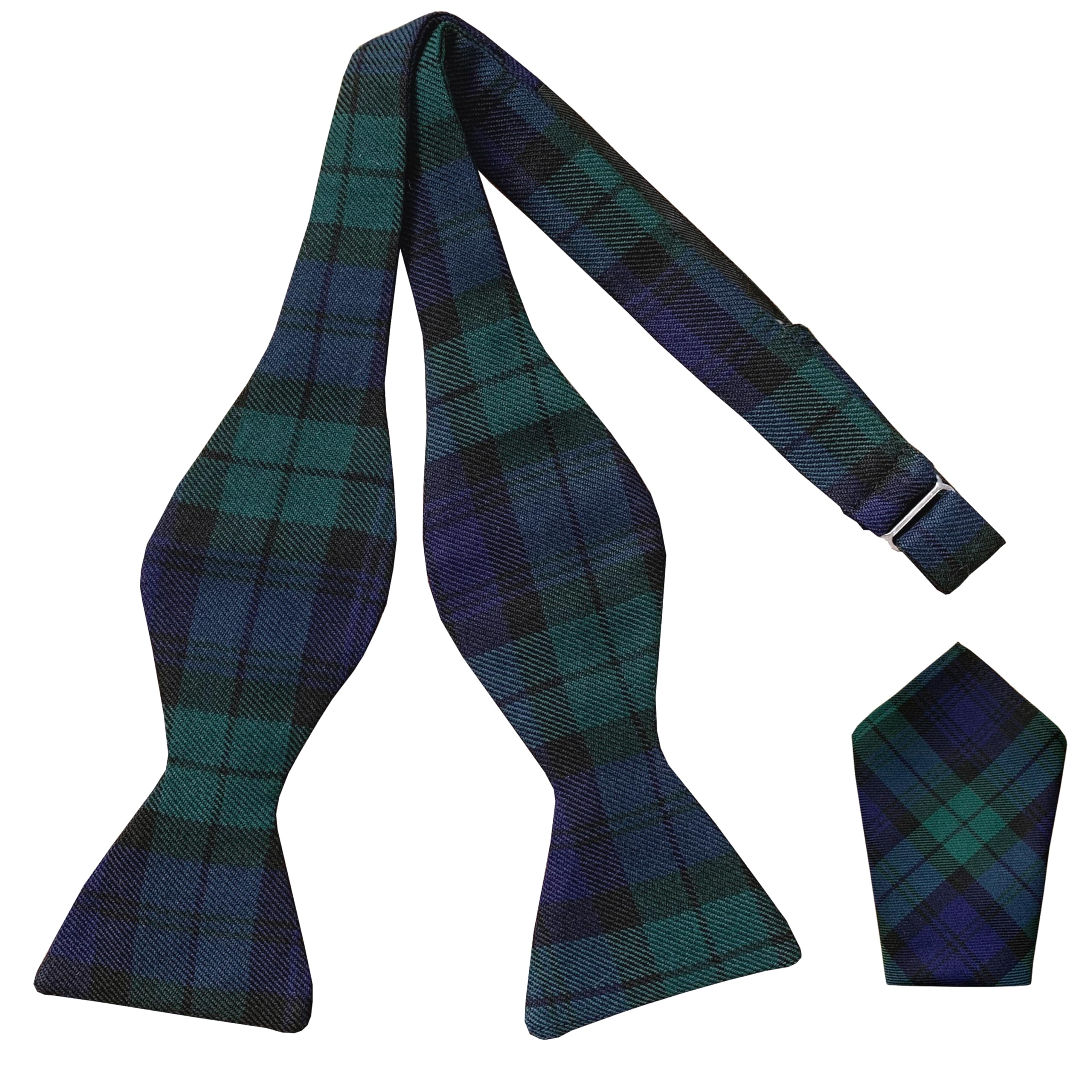 Great British Tie Club Men's Navy Blue, Black, Green Black Watch Tartan Self Tie Bow Tie & Hanky Set