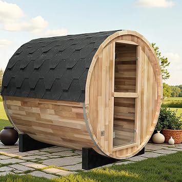 Outdoor Barrel Sauna, Canadian Red Cedar Wood Sauna 6 Person, 6 KW ETL Toule Heater, 220V, Outdoor Waterproof System, Asphalt Shingles, Rugged Base0-195F