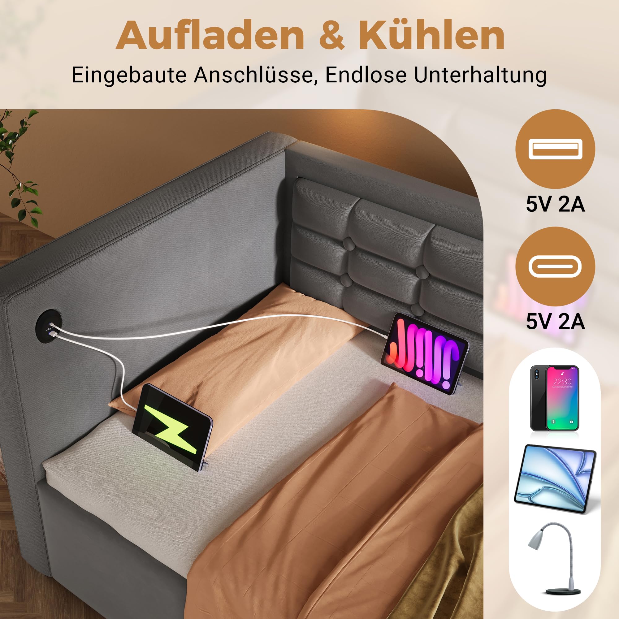 Schlafsofa Tagesbett 90x200 cm mit Aufbewahrungstasche und USB-Typ-C, Hydraulisches Bett mit Stauraum, Einzelbett Sofabett Bettgestell mit Lattenrost, Samt, Grau, Ohne Matratze